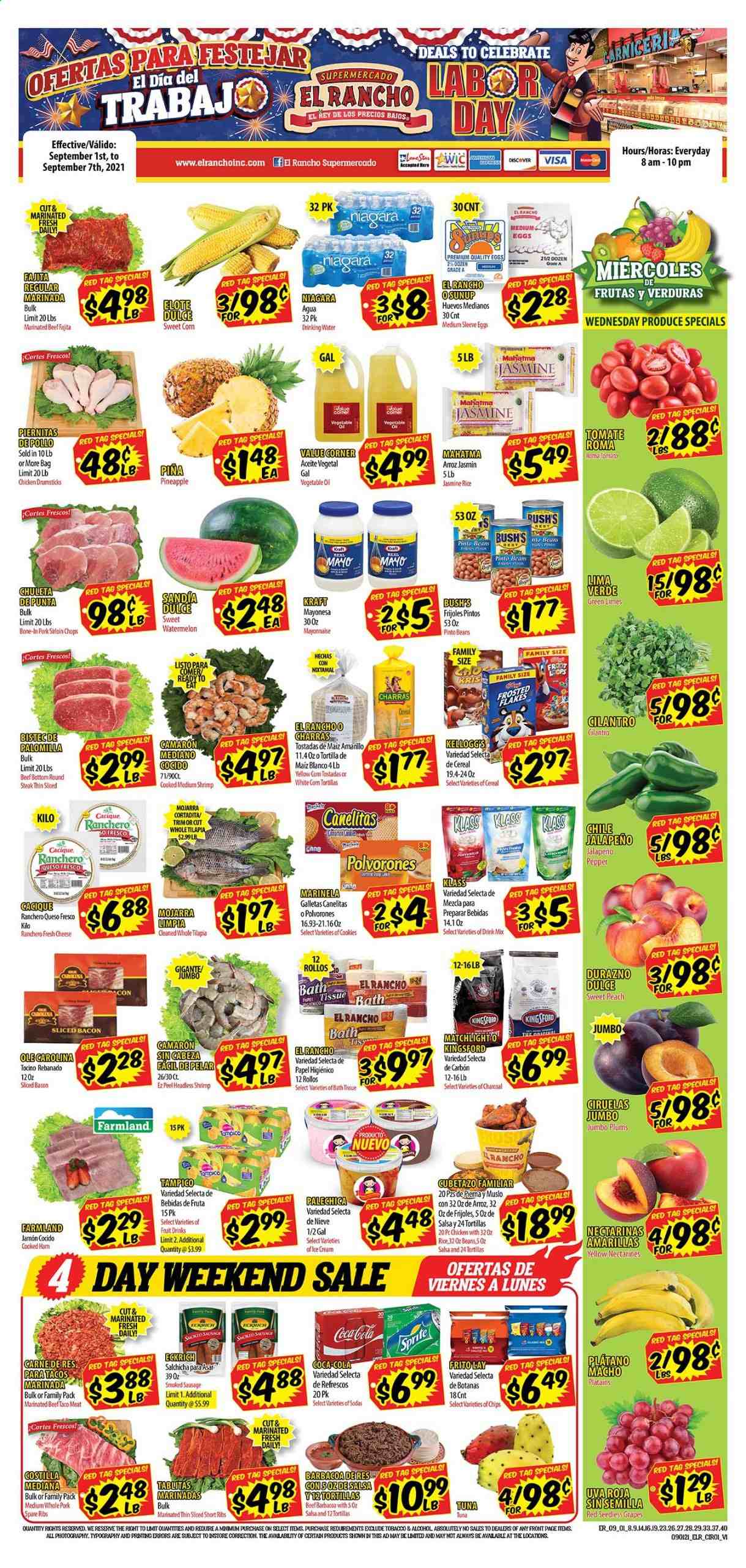 thumbnail - El Rancho Flyer - 09/01/2021 - 09/07/2021 - Sales products - seedless grapes, plums, tortillas, tostadas, beans, corn, tomatoes, jalapeño, sweet corn, grapes, limes, watermelon, pineapple, tilapia, tuna, shrimps, fajita, Kraft®, bacon, cooked ham, ham, sausage, smoked sausage, queso fresco, cheese, eggs, mayonnaise, cookies, chips, pinto beans, cereals, rice, jasmine rice, cilantro, salsa, Coca-Cola, fruit punch, alcohol, chicken drumsticks, beef meat, steak, round steak, marinated beef, pork loin, pork meat, pork ribs, pork spare ribs, nectarines. Page 1.