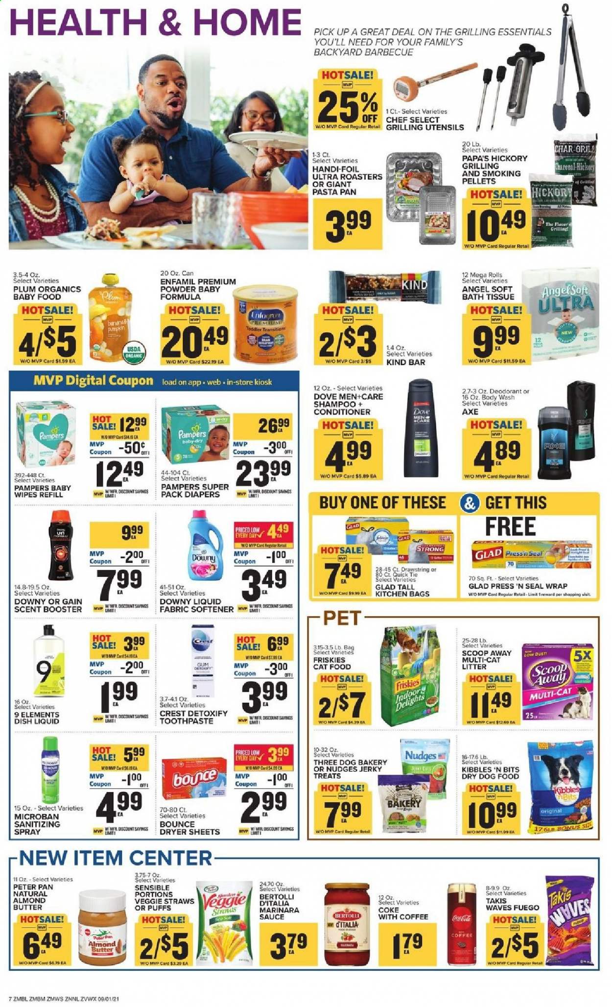 thumbnail - Food Lion Flyer - 09/01/2021 - 09/07/2021 - Sales products - puffs, leek, pumpkin, pasta, sauce, Bertolli, jerky, almond butter, Veggie Straws, Coca-Cola, coffee, Enfamil, wipes, Pampers, baby wipes, nappies, Dove, bath tissue, Gain, fabric softener, Bounce, dryer sheets, Downy Laundry, dishwashing liquid, body wash, shampoo, toothpaste, Crest, conditioner, anti-perspirant, deodorant, utensils, pan, cat litter, animal food, cat food, dog food, dry dog food, Friskies. Page 7.
