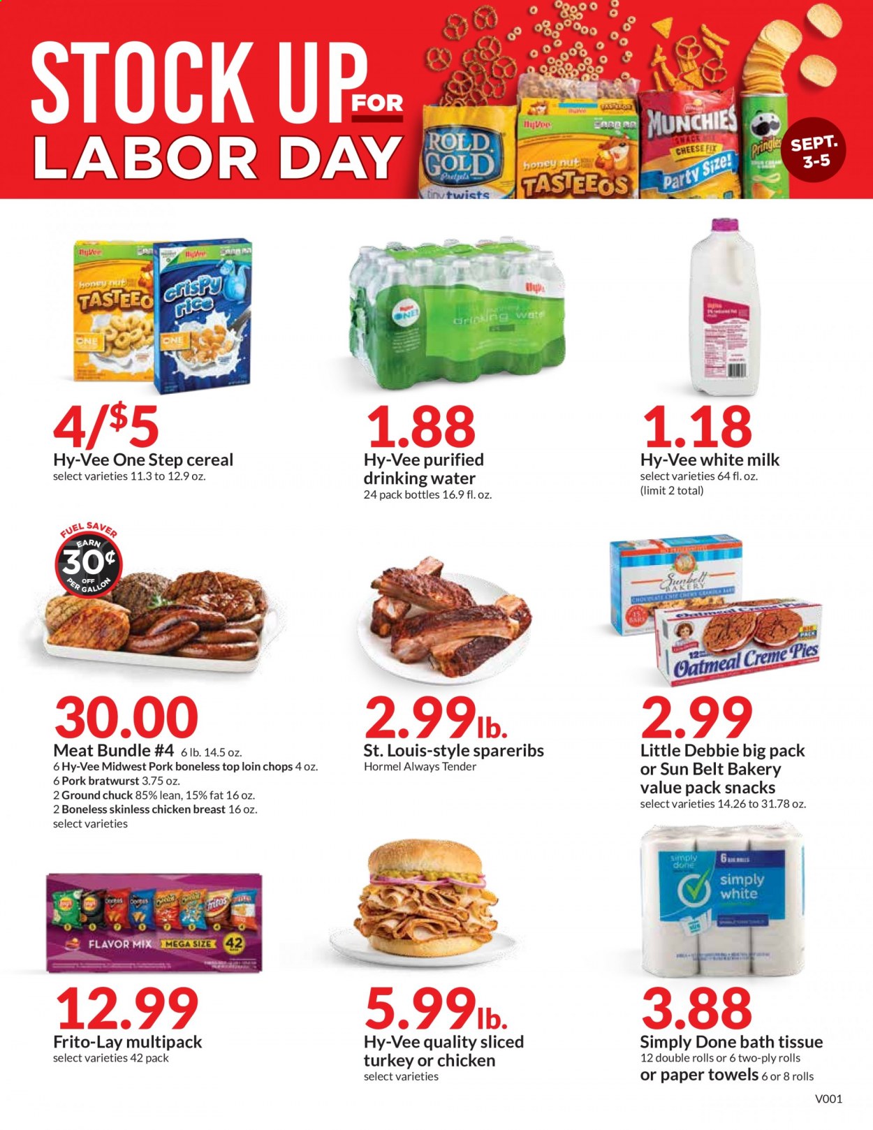 thumbnail - Hy-Vee Flyer - 09/03/2021 - 09/05/2021 - Sales products - Hormel, sliced turkey, bratwurst, milk, snack, Frito-Lay, cereals, chicken breasts, ground chuck, pork spare ribs, bath tissue, belt. Page 1.