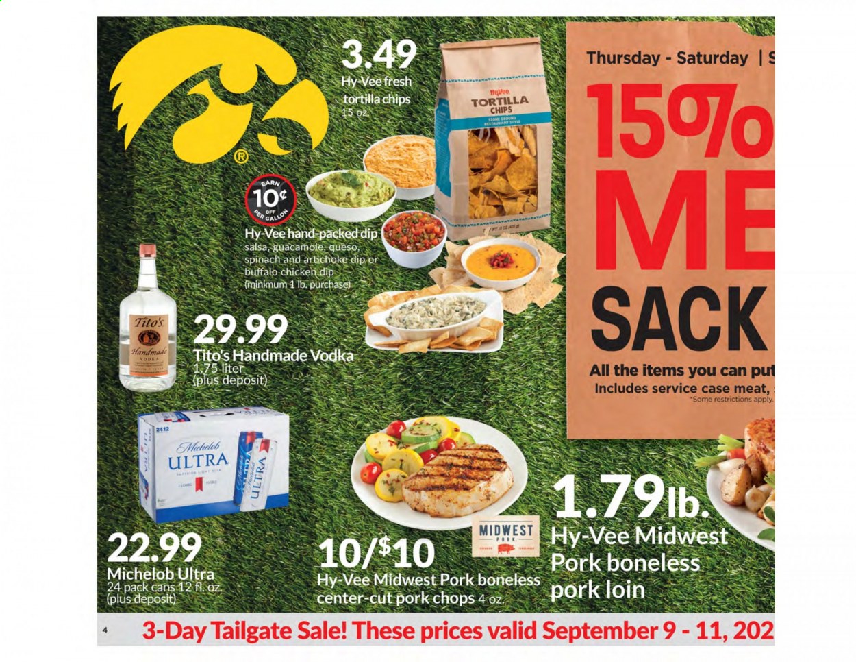 thumbnail - Hy-Vee Flyer - 09/01/2021 - 09/28/2021 - Sales products - spinach, guacamole, dip, tortilla chips, chips, salsa, vodka, beer, pork chops, pork loin, pork meat, Michelob. Page 4.