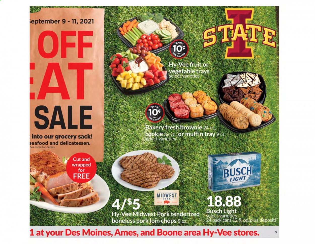 thumbnail - Hy-Vee Flyer - 09/01/2021 - 09/28/2021 - Sales products - brownies, muffin, seafood, beer, Busch, pork chops, pork loin, pork meat, tray. Page 5.