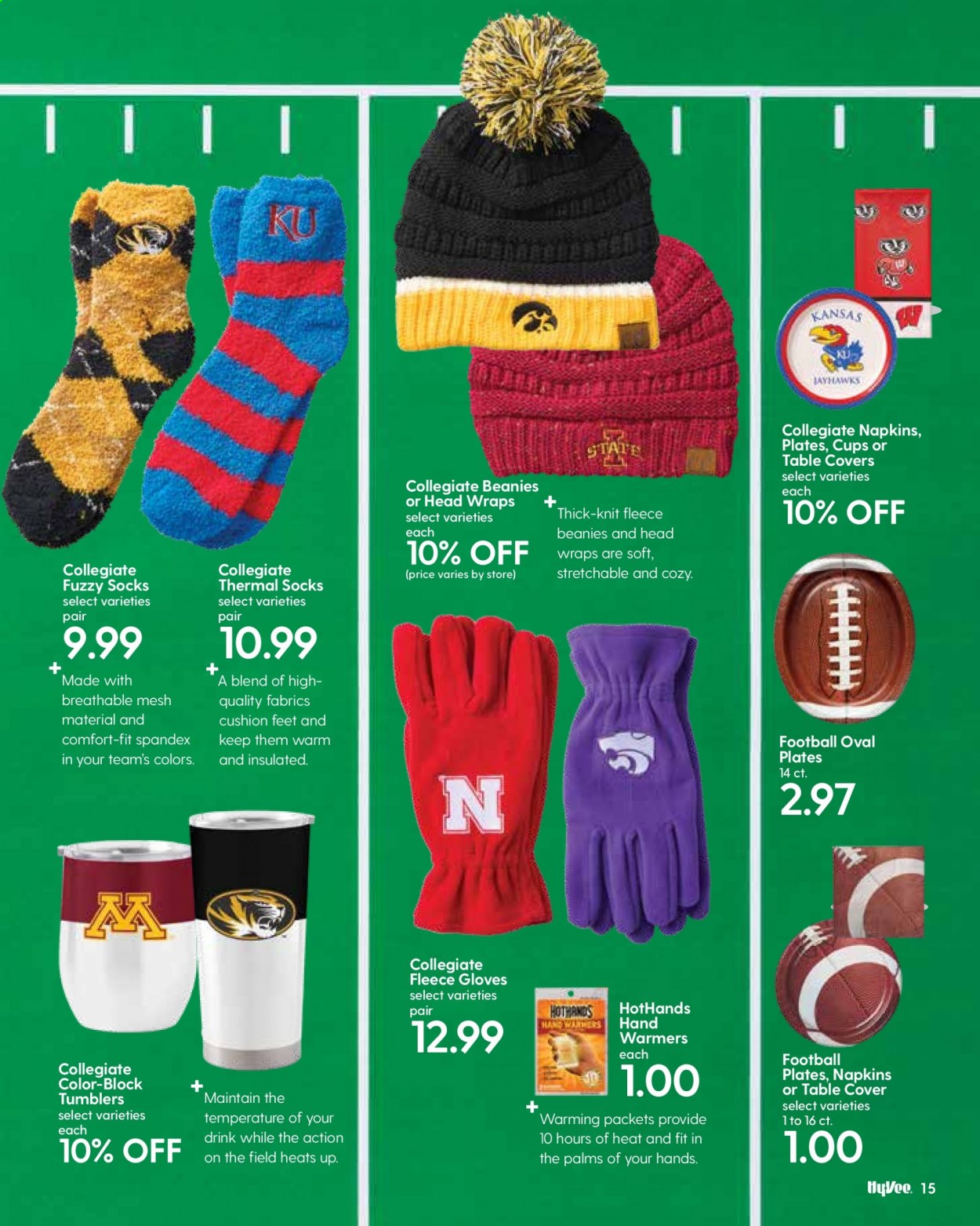 thumbnail - Hy-Vee Flyer - 09/01/2021 - 09/30/2021 - Sales products - wraps, napkins, gloves, tumbler, plate, cup, cushion, socks, thermal socks, beanie. Page 17.