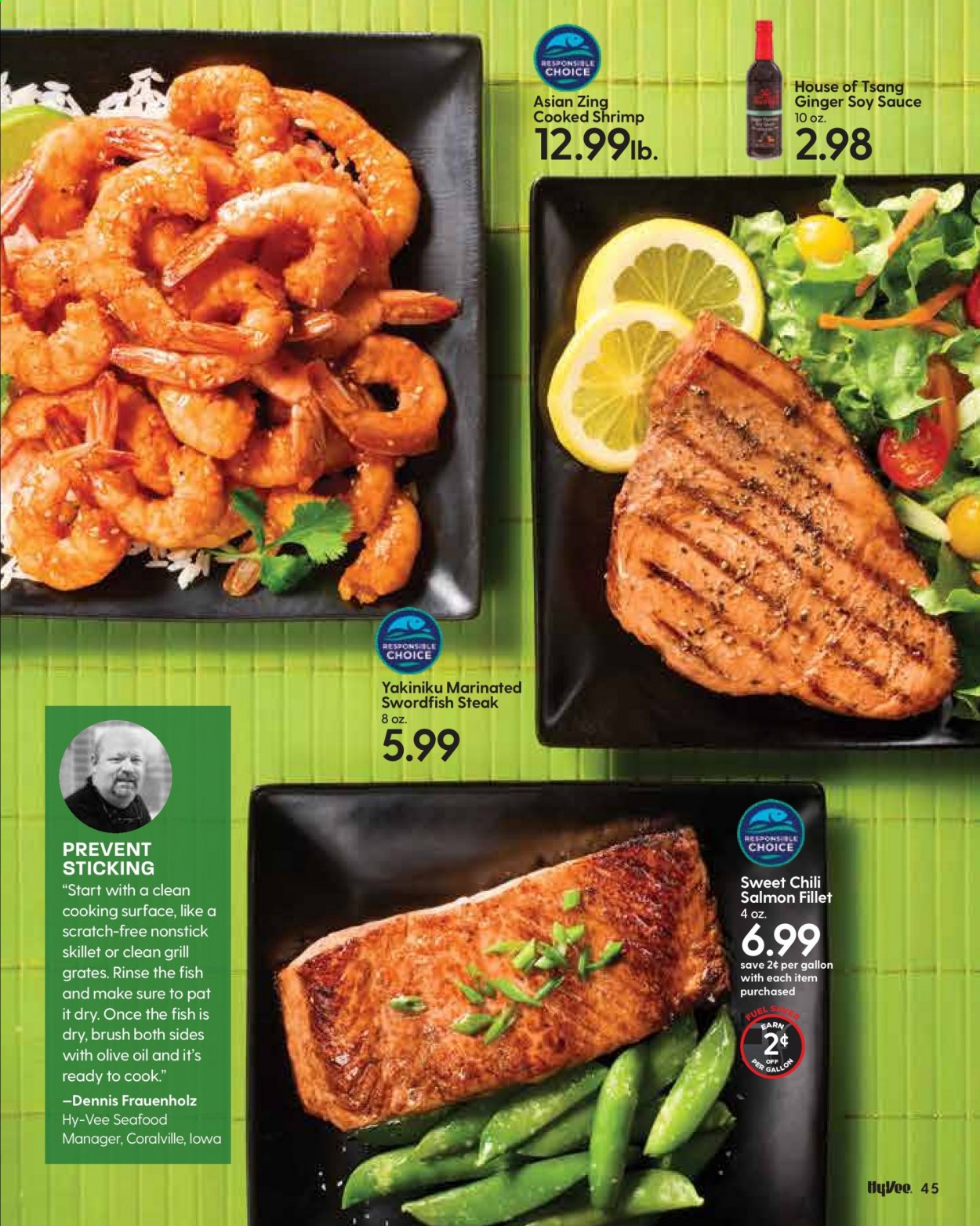 thumbnail - Hy-Vee Flyer - 09/01/2021 - 09/30/2021 - Sales products - ginger, salmon, salmon fillet, swordfish, seafood, shrimps, sauce, soy sauce, steak, brush. Page 47.