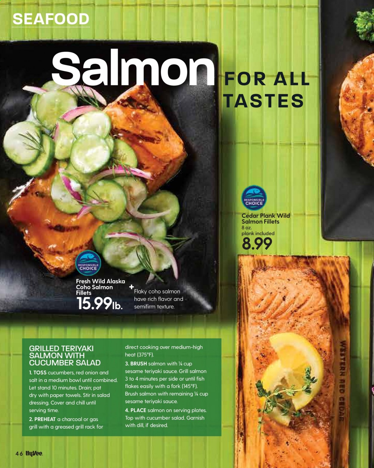 thumbnail - Hy-Vee Flyer - 09/01/2021 - 09/30/2021 - Sales products - onion, salmon, salmon fillet, seafood, fish, dill, salad dressing, dressing, kitchen towels, paper towels, fork, plate, cup. Page 48.