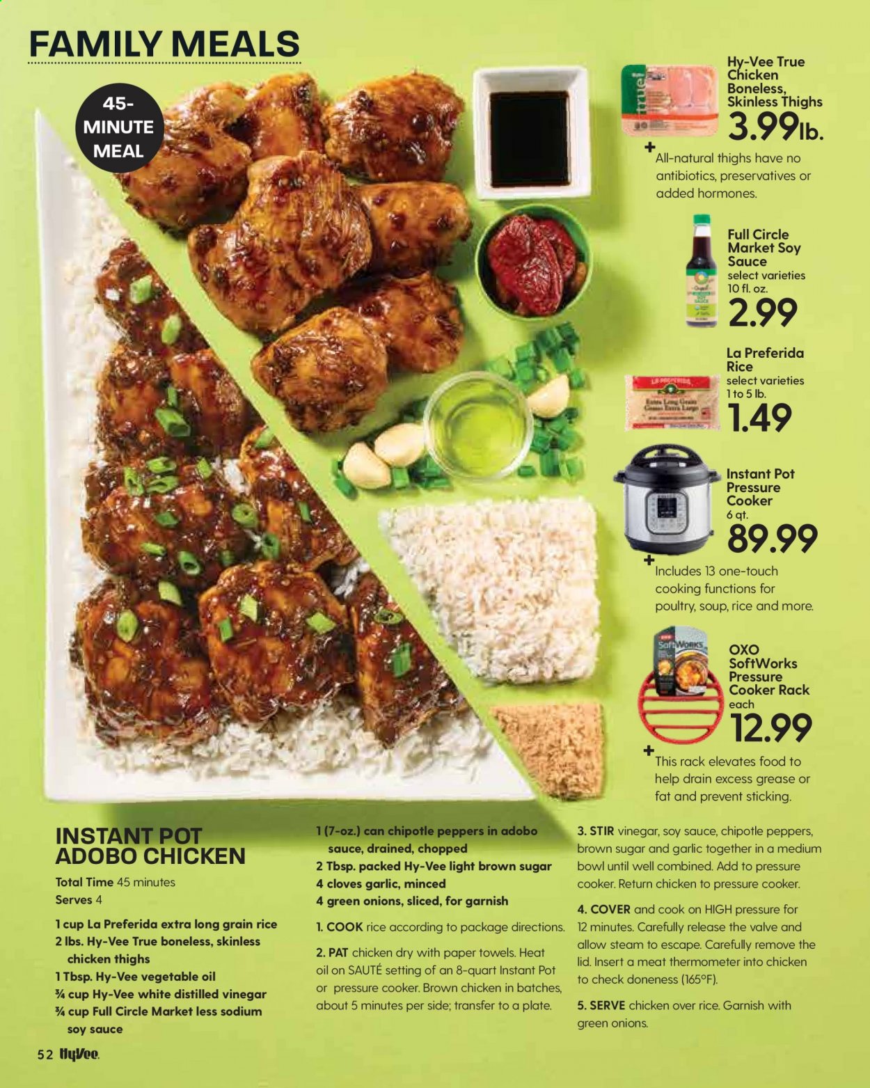 thumbnail - Hy-Vee Flyer - 09/01/2021 - 09/30/2021 - Sales products - garlic, soup, cane sugar, rice, long grain rice, cloves, adobo sauce, soy sauce, vegetable oil, vinegar, oil, chicken thighs, kitchen towels, paper towels, thermometer, lid, pot, pressure cooker, meat thermometer, bowl, Instant Pot. Page 54.