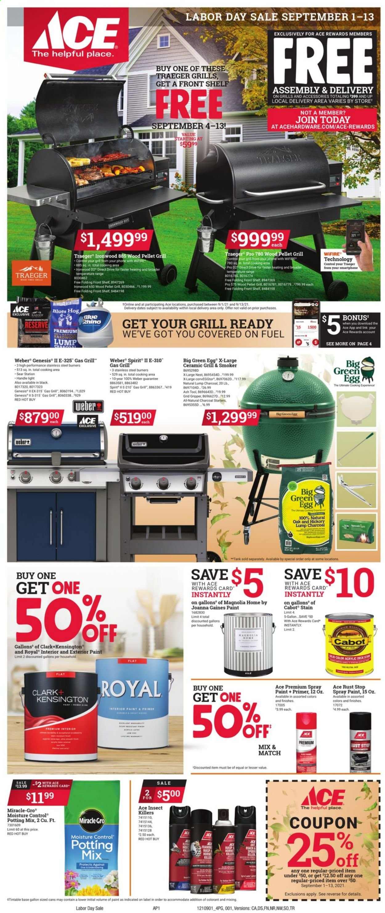 thumbnail - ACE Hardware Flyer - 09/01/2021 - 09/13/2021 - Sales products - tank, shelves, spray paint, gas grill, grill, smoker, Weber, pellet grill, potting mix. Page 1.