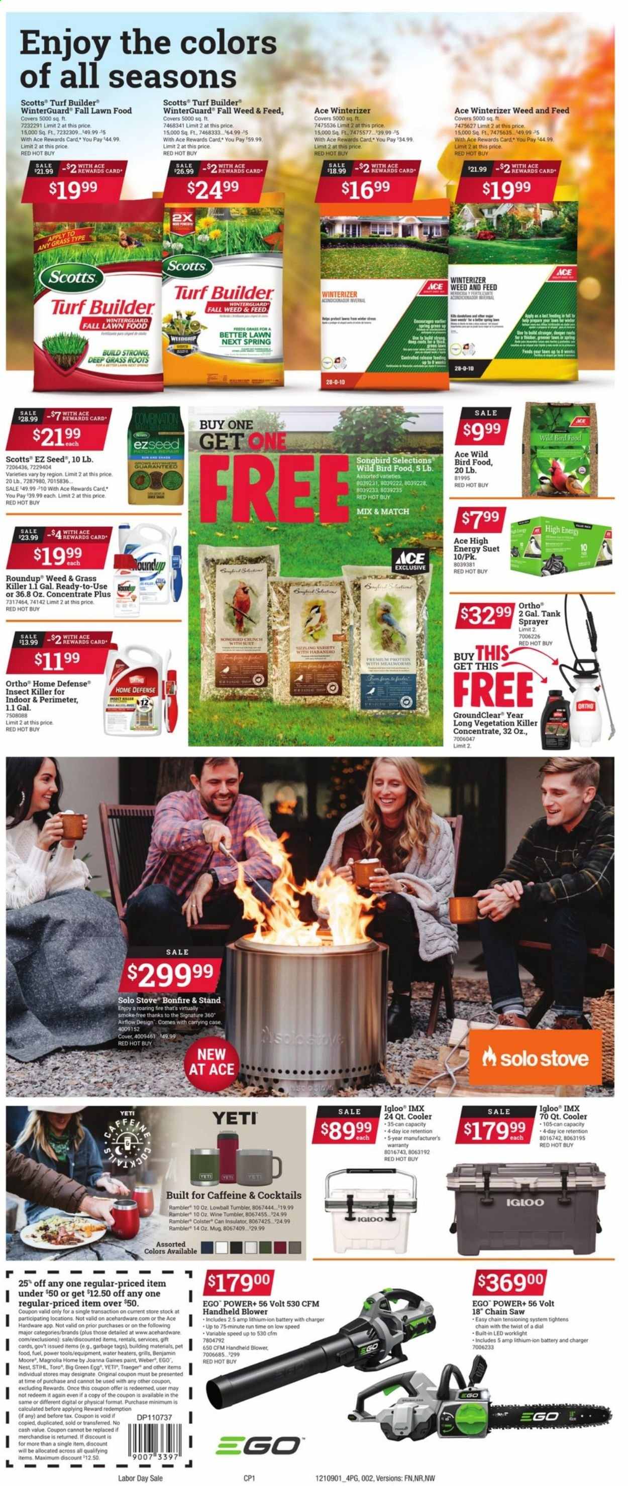 thumbnail - ACE Hardware Flyer - 09/01/2021 - 09/13/2021 - Sales products - Ego, insect killer, mug, tumbler, tank, animal food, bird food, suet, plant seeds, mealworms, stove, Benjamin Moore, power tools, chain saw, saw, blower, Weber, turf builder, sprayer, Roundup. Page 2.