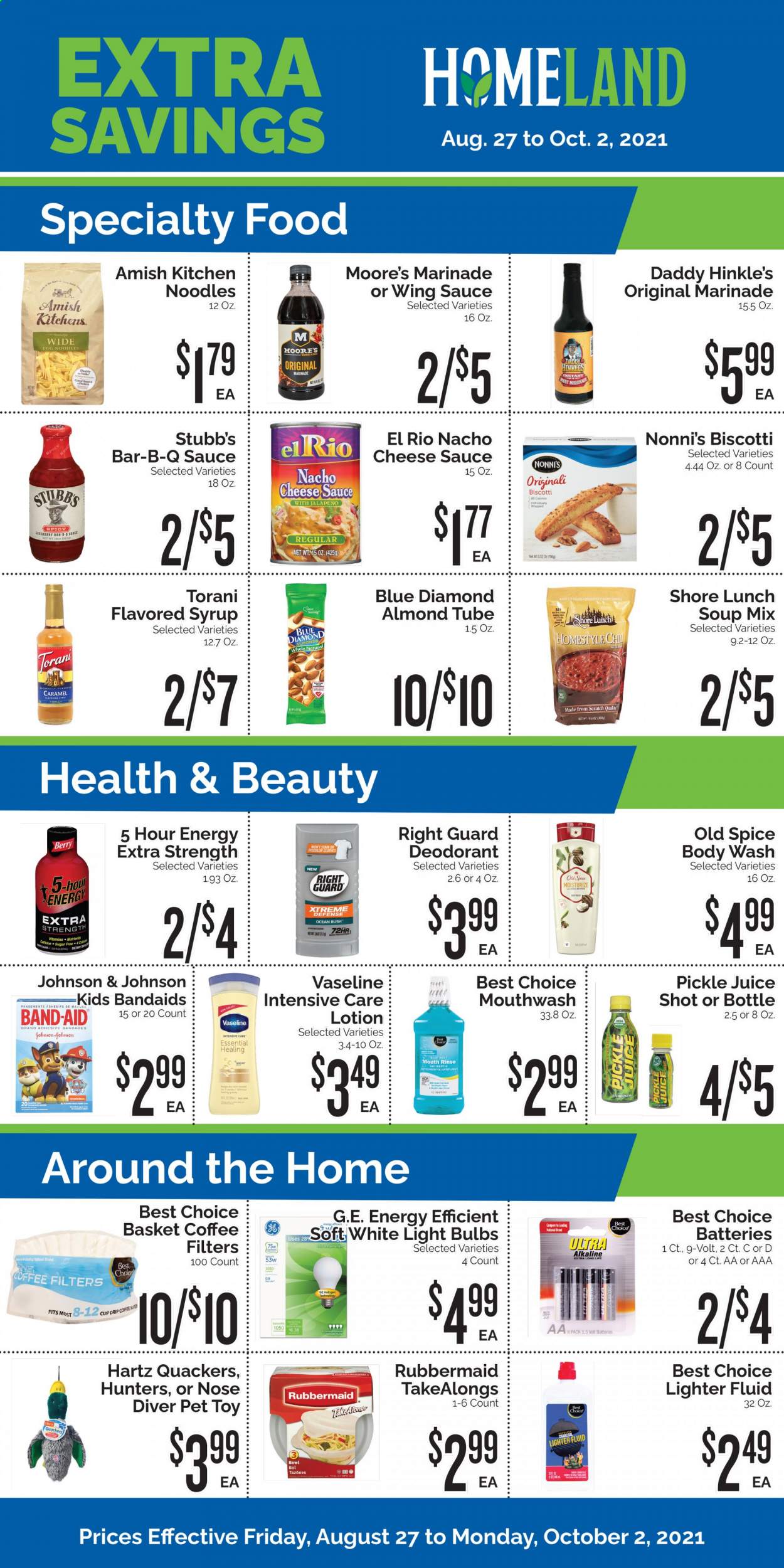 thumbnail - Homeland Flyer - 08/27/2021 - 10/02/2021 - Sales products - jalapeño, soup mix, soup, sauce, noodles, cheese, biscotti, egg noodles, spice, caramel, marinade, wing sauce, syrup, almonds, Blue Diamond, juice, coffee, Johnson's, body wash, Old Spice, Avon, Vaseline, mouthwash, body lotion, anti-perspirant, deodorant. Page 1.