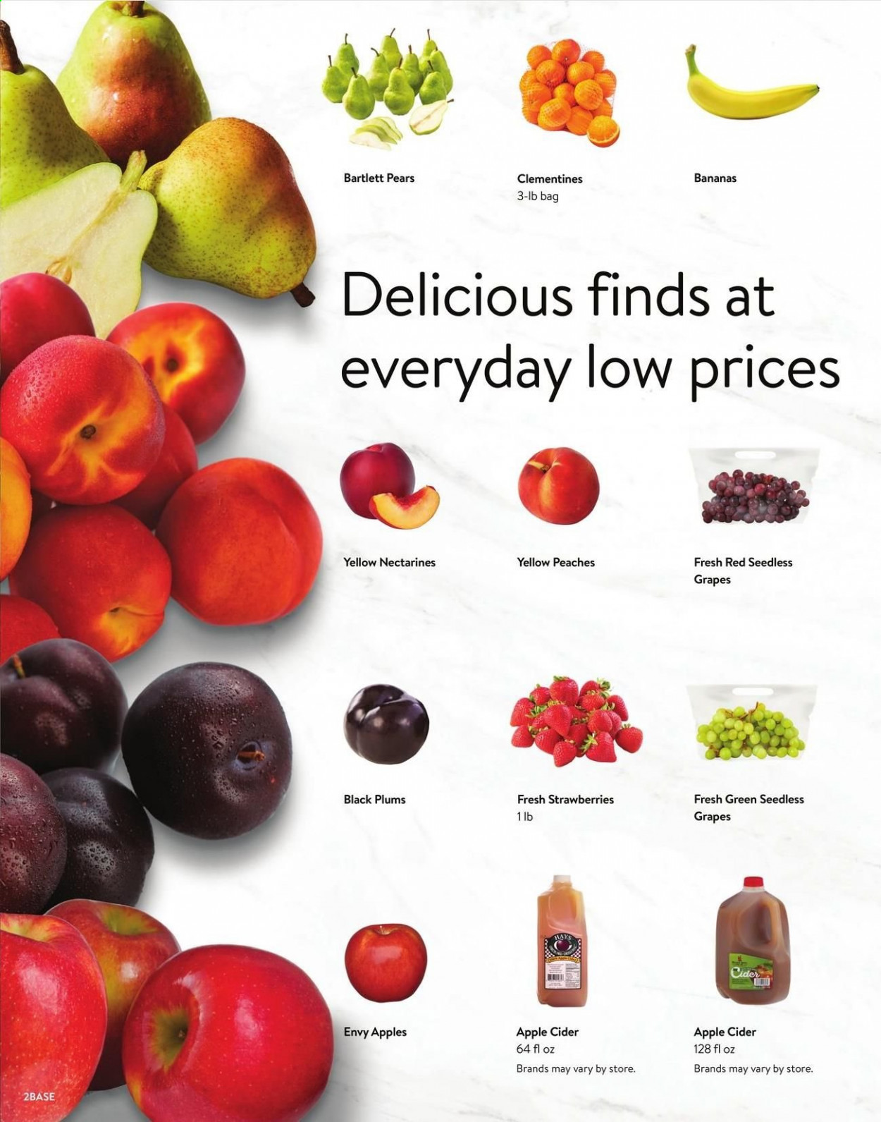 thumbnail - Walmart Flyer - 09/01/2021 - 09/28/2021 - Sales products - Bartlett pears, seedless grapes, plums, bananas, grapes, strawberries, pears, apple cider, cider, clementines, nectarines, black plums, peaches. Page 2.