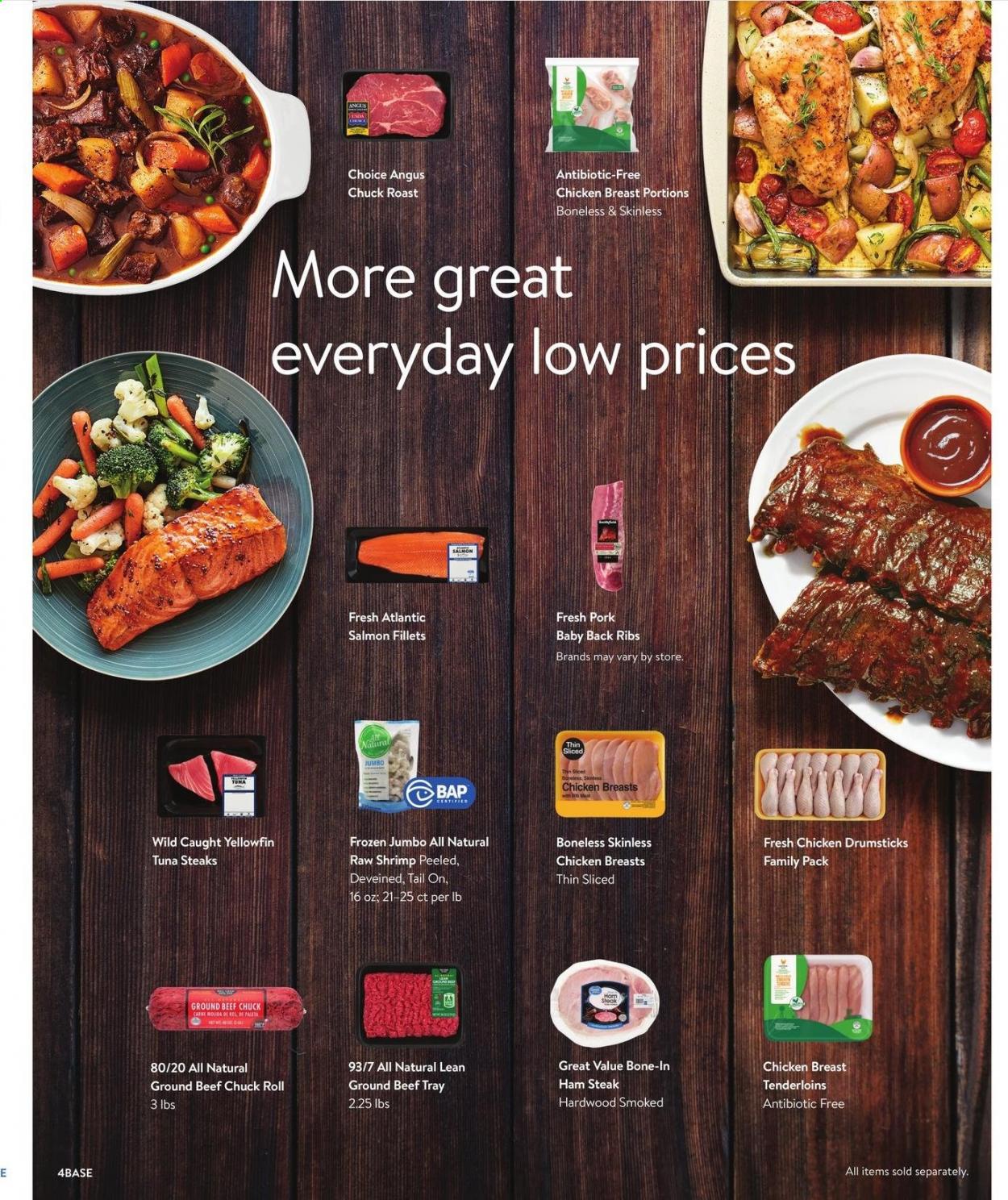thumbnail - Walmart Flyer - 09/01/2021 - 09/28/2021 - Sales products - chicken breasts, chicken drumsticks, beef meat, ground beef, steak, chuck steak, chuck roast, pork meat, pork ribs, pork back ribs, salmon, salmon fillet, tuna, shrimps, chicken roast, ham, tray. Page 4.