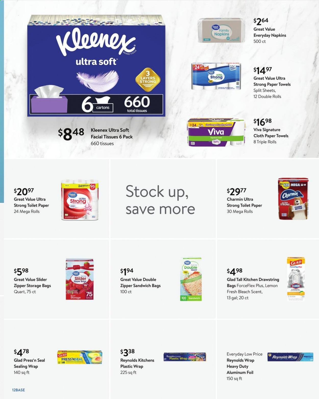 thumbnail - Walmart Flyer - 09/01/2021 - 09/28/2021 - Sales products - napkins, Kleenex, toilet paper, tissues, kitchen towels, paper towels, Charmin, bleach, Clorox, facial tissues, bag, aluminium foil, storage bag. Page 12.