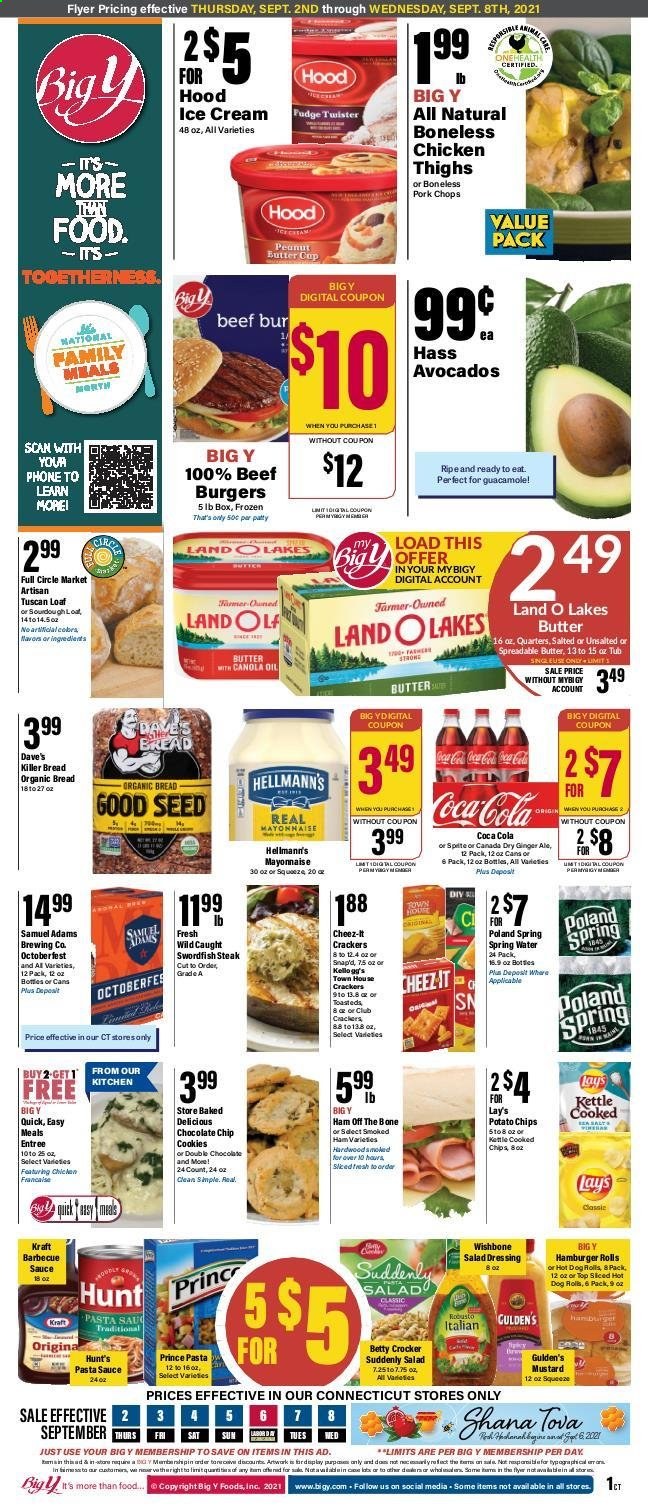 thumbnail - Big Y Flyer - 09/02/2021 - 09/08/2021 - Sales products - bread, hot dog rolls, burger buns, swordfish, pasta sauce, hamburger, beef burger, Kraft®, ham, smoked ham, ham off the bone, guacamole, butter, spreadable butter, mayonnaise, Hellmann’s, ice cream, cookies, crackers, potato chips, Lay’s, Cheez-It, mustard, salad dressing, dressing, canola oil, oil, Canada Dry, Coca-Cola, ginger ale, spring water, L'Or, chicken thighs, steak, pork chops, pork meat. Page 1.