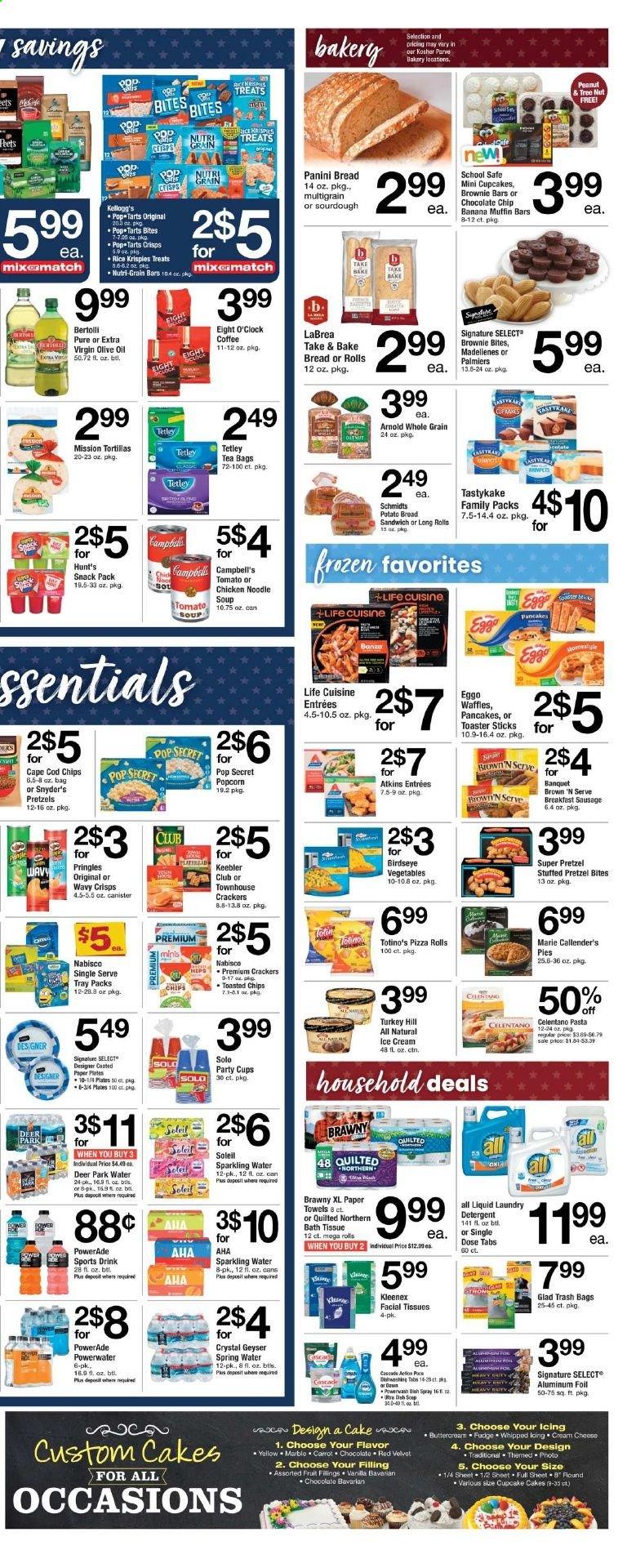 thumbnail - ACME Flyer - 09/03/2021 - 09/09/2021 - Sales products - bread, tortillas, pretzels, cake, pizza rolls, panini, cupcake, brownies, muffin, cod, Campbell's, pizza, soup, pasta, pancakes, Bird's Eye, noodles, Marie Callender's, Bertolli, sausage, Brown 'N Serve, ice cream, fudge, crackers, Kellogg's, Pop-Tarts, Nutri-Grain bars, Keebler, Pringles, popcorn, Rice Krispies, Nutri-Grain, extra virgin olive oil, olive oil, Powerade, spring water, sparkling water, tea bags, coffee, Eight O'Clock, bath tissue, Kleenex, Quilted Northern, kitchen towels, paper towels, detergent, Cascade, laundry detergent, facial tissues, trash bags, plate, cup, aluminium foil, party cups, toaster. Page 3.