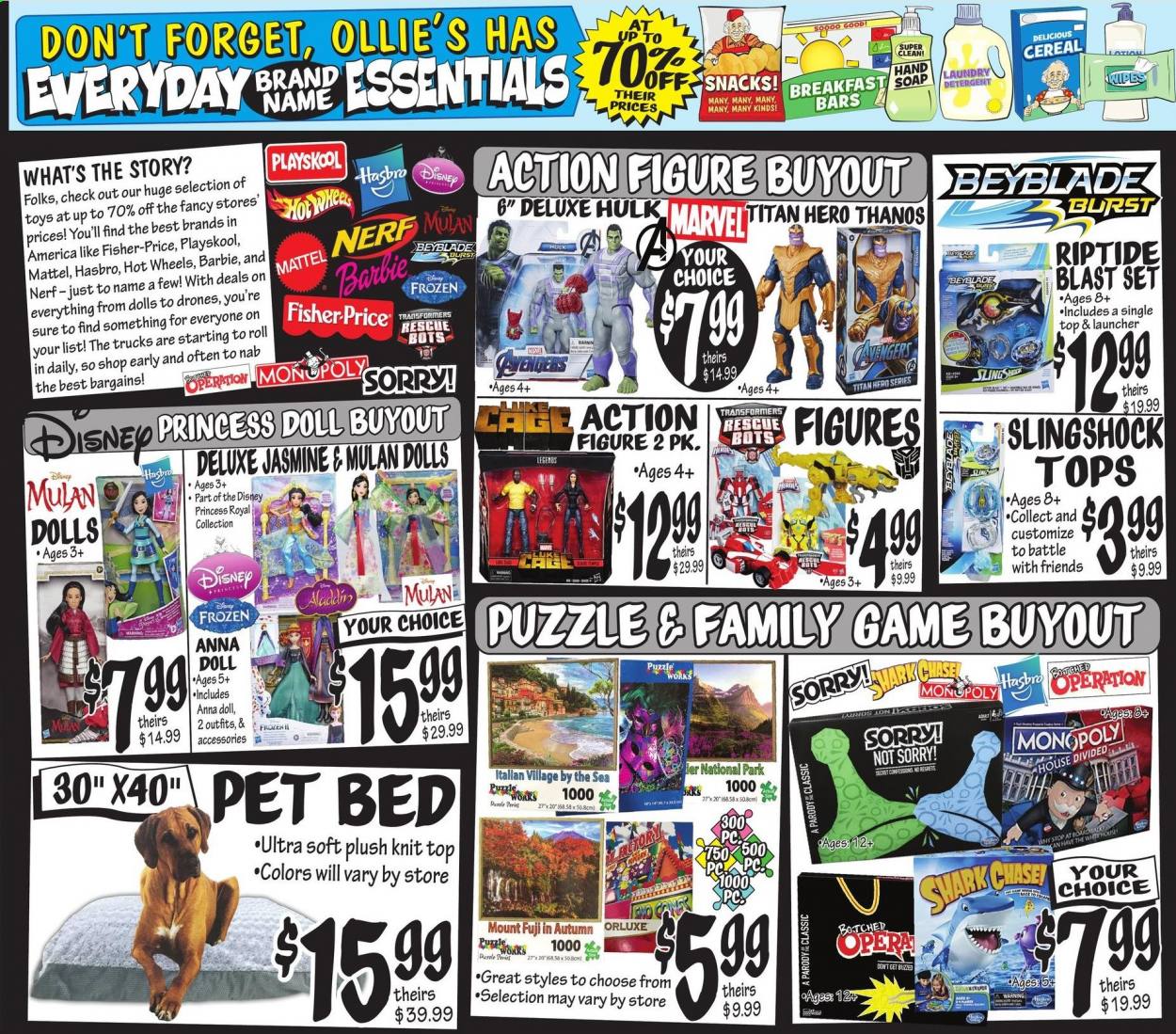 thumbnail - Ollie's Bargain Outlet Flyer - 09/02/2021 - 09/08/2021 - Sales products - Disney, Barbie, Aladdin, Nerf, pet bed, tops, doll, Mattel, Monopoly, Hasbro, toys, puzzle, Hot Wheels, Fisher-Price, princess, BeyBlade, Playskool. Page 6.