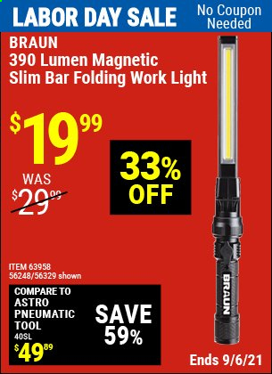 thumbnail - Harbor Freight Flyer - 09/02/2021 - 09/06/2021 - Sales products - Braun, work light. Page 11.