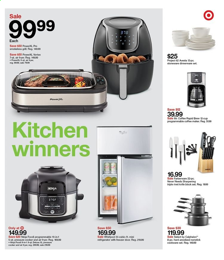 thumbnail - Target Flyer - 09/05/2021 - 09/11/2021 - Sales products - cookware set, dinnerware set, knife, pressure cooker, knife block, stoneware, Whirlpool, freezer, refrigerator, coffee machine, air fryer. Page 11.