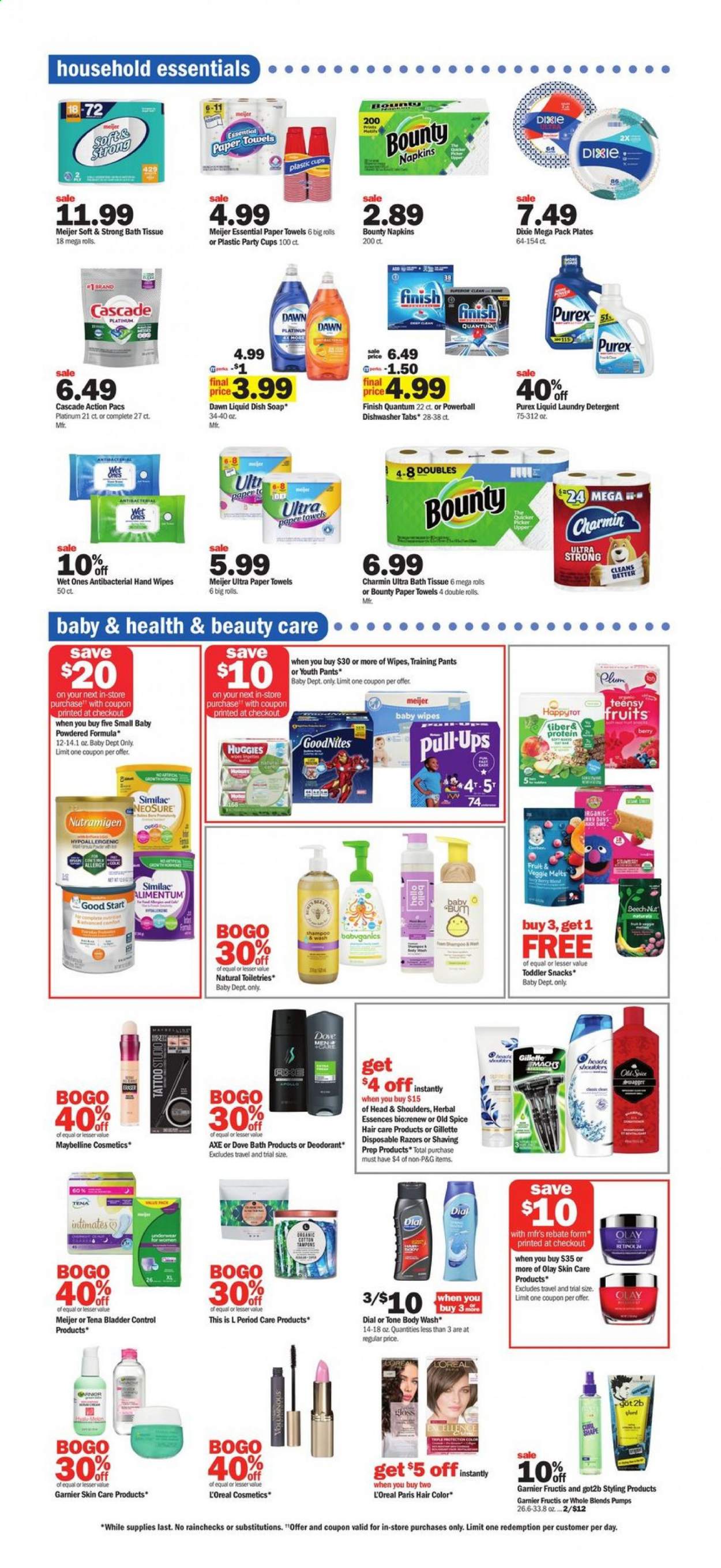 thumbnail - Meijer Flyer - 09/05/2021 - 09/11/2021 - Sales products - snack, Bounty, spice, Similac, wipes, Huggies, pants, baby wipes, napkins, baby pants, bath tissue, kitchen towels, paper towels, Charmin, detergent, Cascade, laundry detergent, Purex, Finish Powerball, Finish Quantum Ultimate, body wash, Dove, Old Spice, Dial, soap, Garnier, L’Oréal, Olay, Head & Shoulders, hair color, Herbal Essences, Fructis, Maybelline, anti-perspirant, deodorant, Gillette, disposable razor, plate, cup, underwear. Page 15.