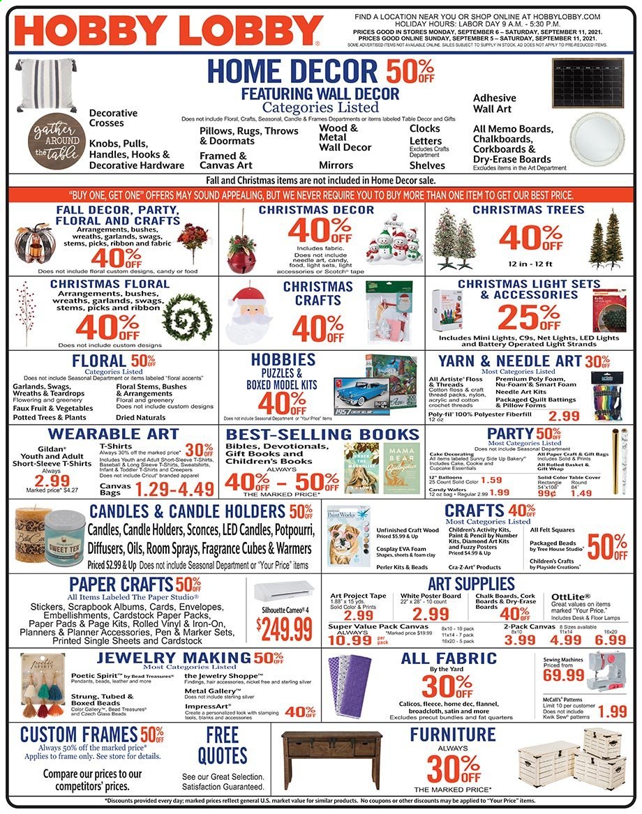 thumbnail - Hobby Lobby Flyer - 09/05/2021 - 09/11/2021 - Sales products - sticker, gift wrap, pen, envelope, paper, pencil, scrapbook, sketch pad, canvas, ribbon, pillow, quilt, mirror, wall decor, christmas tree, christmas decor. Page 1.