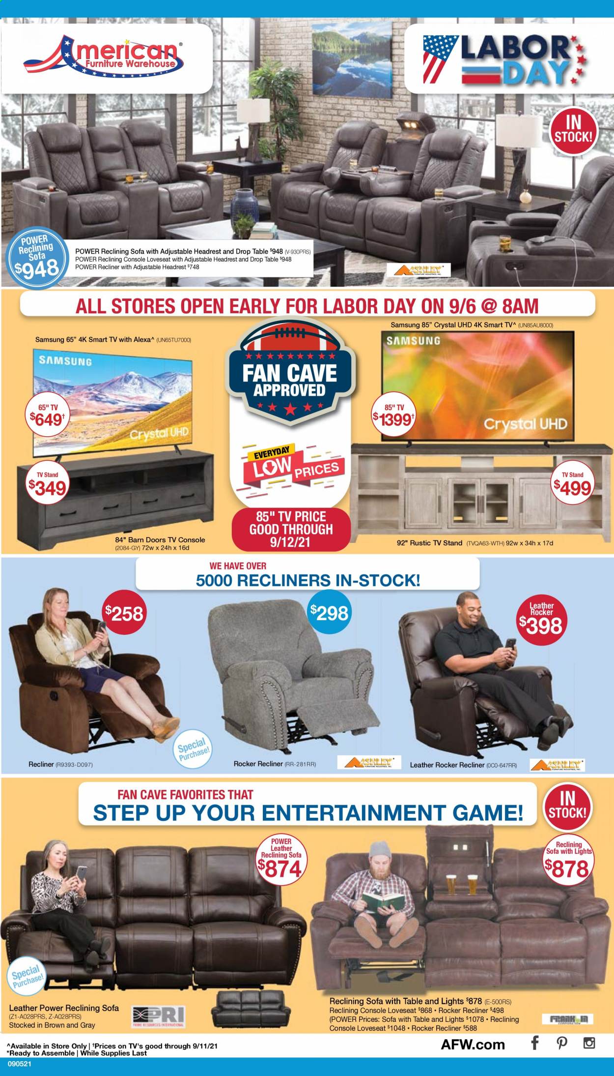 thumbnail - American Furniture Warehouse Flyer - 09/05/2021 - 09/11/2021 - Sales products - table, loveseat, sofa, recliner chair, tv console, TV stand. Page 1.