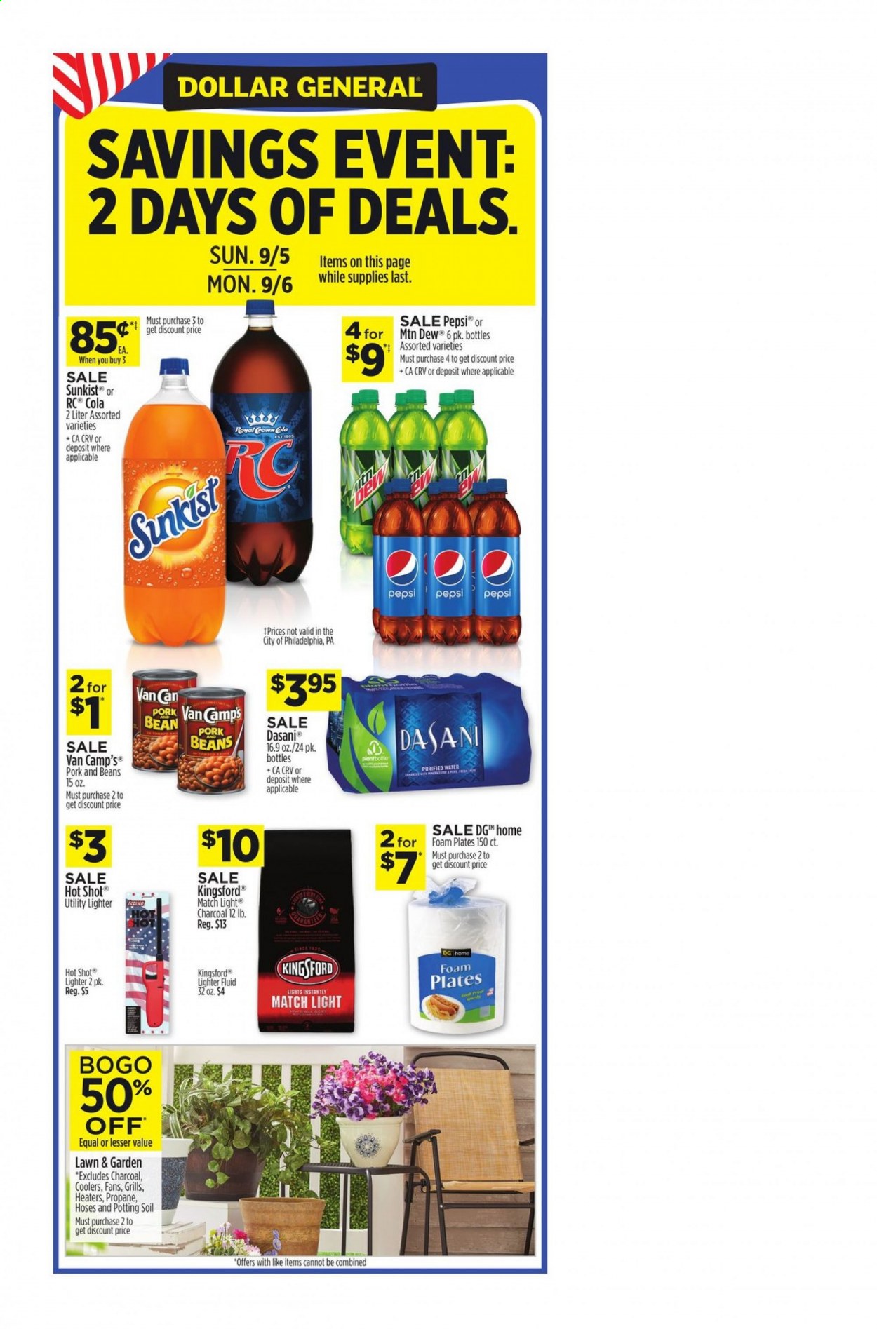 thumbnail - Dollar General Flyer - 09/05/2021 - 09/11/2021 - Sales products - beans, Ola, Mountain Dew, Pepsi, purified water, plate, foam plates, charcoal, Kingsford. Page 9.