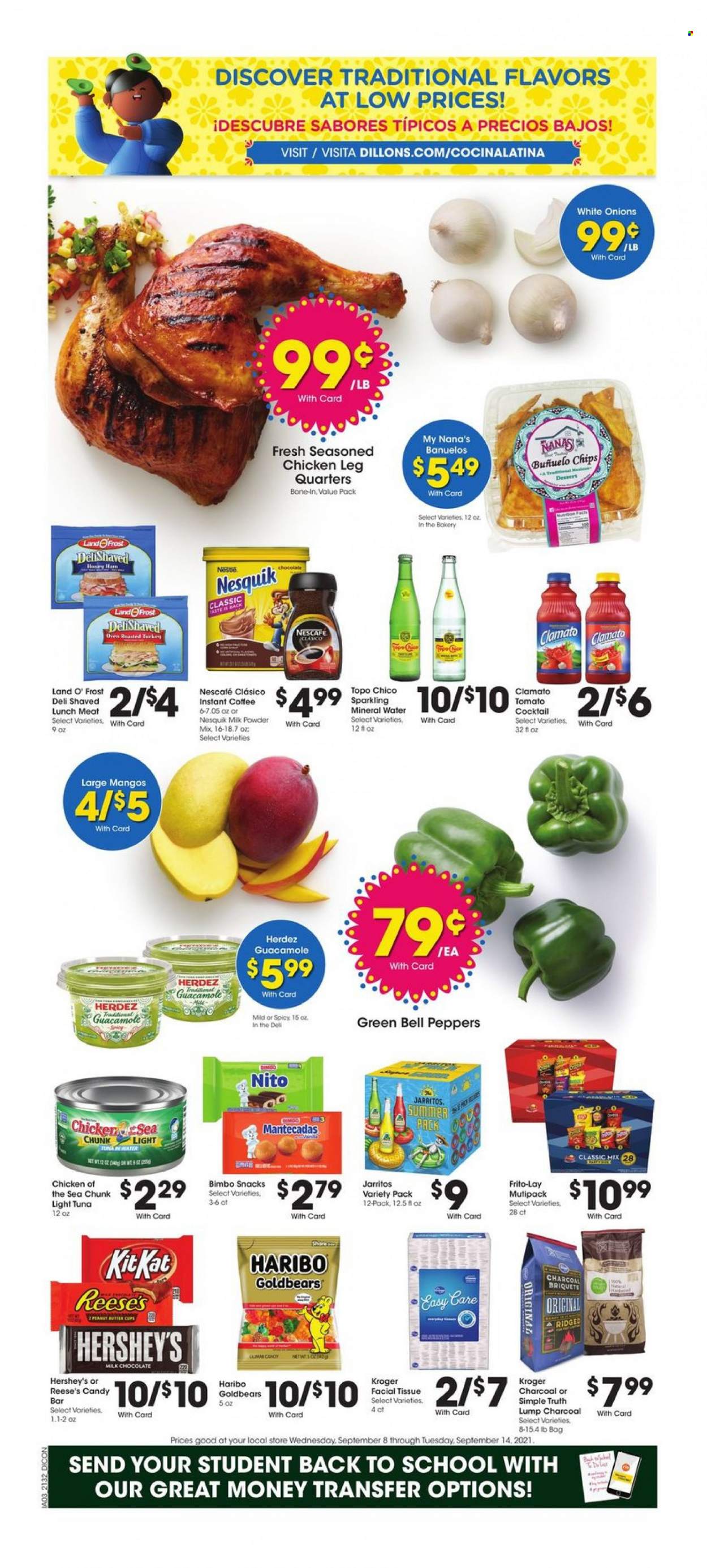 thumbnail - Baker's Flyer - 09/08/2021 - 09/14/2021 - Sales products - bell peppers, onion, peppers, mango, tuna, ham, guacamole, lunch meat, Nesquik, milk powder, Reese's, Hershey's, milk chocolate, chocolate, snack, Haribo, chips, Frito-Lay, light tuna, Chicken of the Sea, Clamato, mineral water, sparkling water, instant coffee, Nescafé, chicken legs, tissues, Nana, cup, oven, briquettes, charcoal. Page 1.