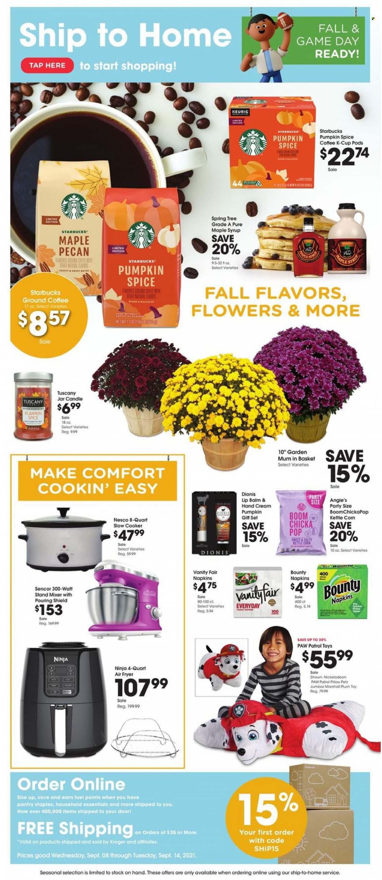 thumbnail - Baker's Flyer - 09/08/2021 - 09/14/2021 - Sales products - Paw Patrol, Bounty, kettle corn, spice, maple syrup, syrup, coffee, Starbucks, ground coffee, coffee capsules, K-Cups, Keurig, napkins, lip balm, hand cream, Mum, gift set, basket, candle, pillow, Marshall, mixer, slow cooker, stand mixer, air fryer, toys. Page 1.