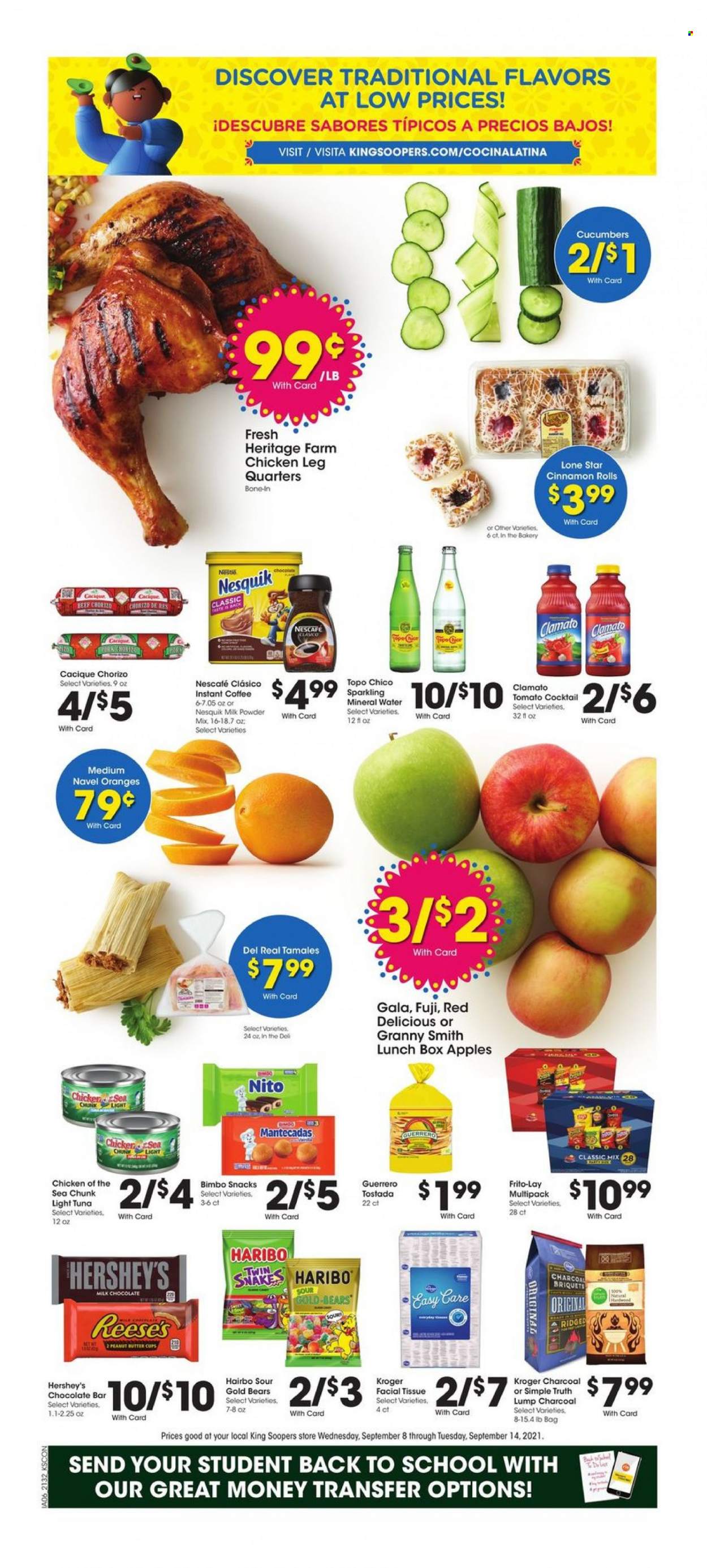thumbnail - City Market Flyer - 09/08/2021 - 09/14/2021 - Sales products - cinnamon roll, cucumber, apples, Gala, Red Delicious apples, oranges, Granny Smith, tuna, chorizo, Nesquik, milk, milk powder, Reese's, Hershey's, snack, Haribo, chocolate bar, Frito-Lay, light tuna, Chicken of the Sea, Clamato, mineral water, sparkling water, instant coffee, Nescafé, chicken legs, tissues, cup, meal box, charcoal, navel oranges. Page 1.