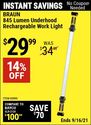 thumbnail - Harbor Freight Flyer - 09/07/2021 - 09/16/2021 - Sales products - Braun, work light. Page 85.