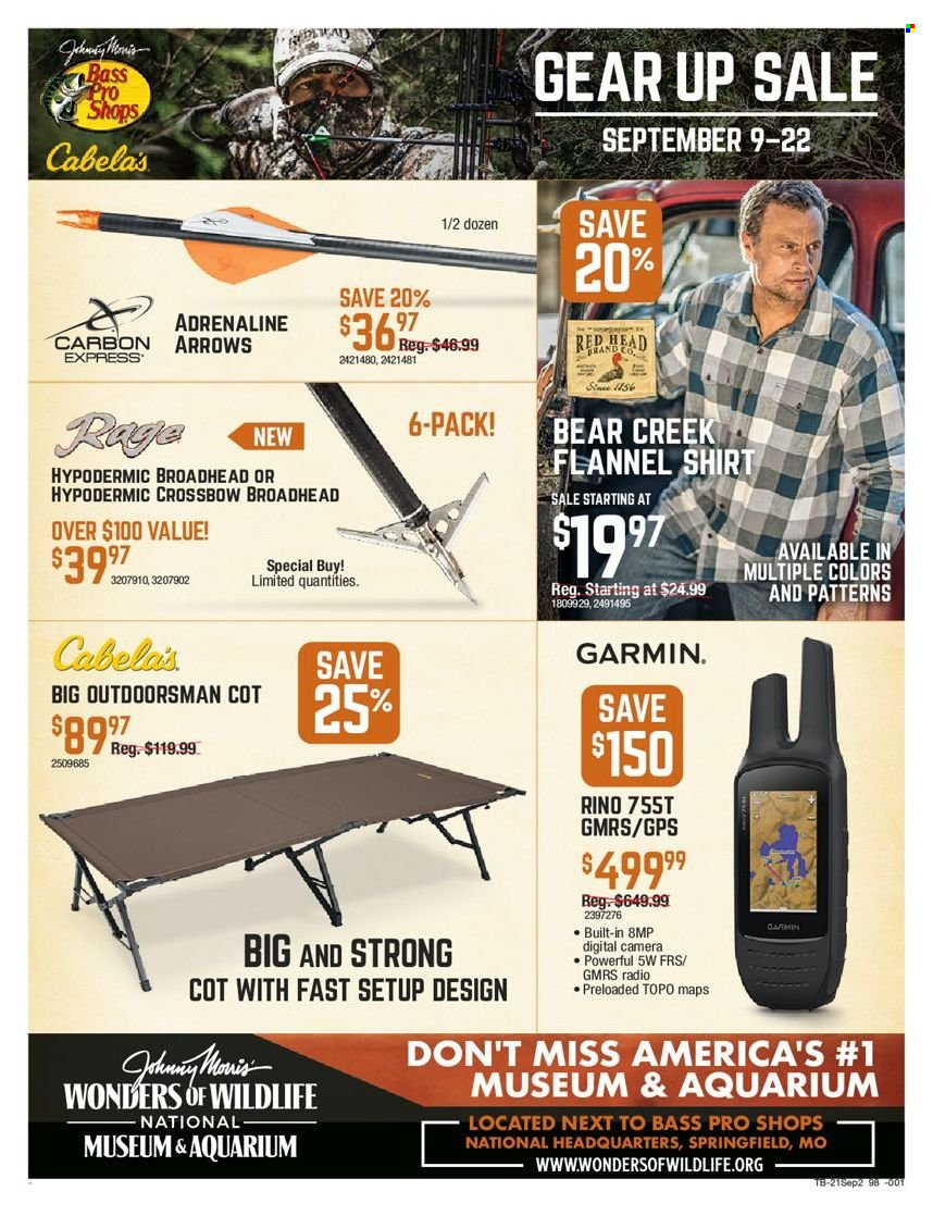 thumbnail - Cabela's Flyer - 09/09/2021 - 09/22/2021 - Sales products - Garmin, flannel shirt, shirt, Bass Pro, crossbow. Page 27.