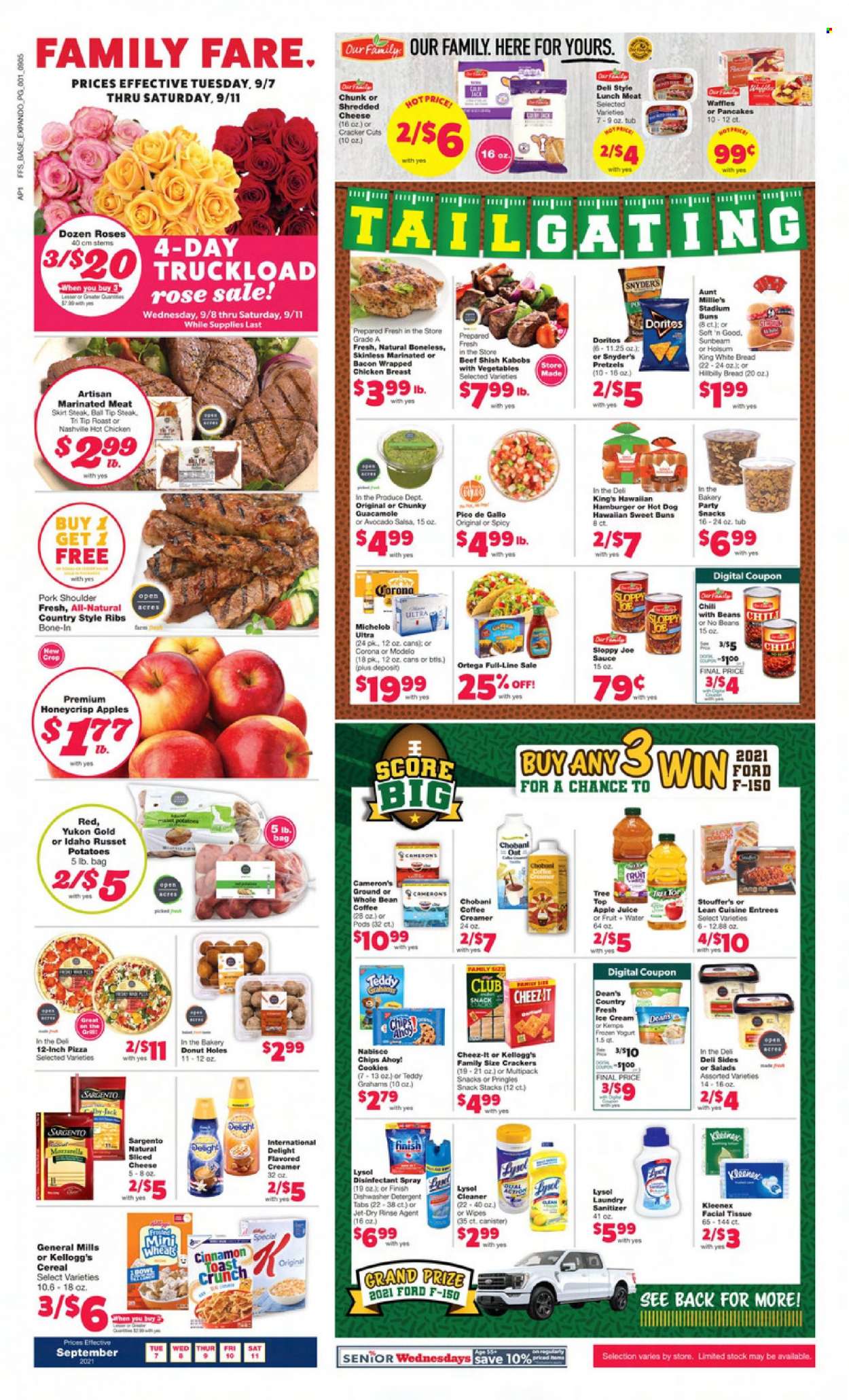 thumbnail - Family Fare Flyer - 09/07/2021 - 09/11/2021 - Sales products - bread, white bread, pretzels, buns, donut holes, russet potatoes, potatoes, hot dog, pizza, hamburger, sauce, Lean Cuisine, bacon, guacamole, lunch meat, shredded cheese, sliced cheese, Kemps, Sargento, Chobani, creamer, Stouffer's, cookies, snack, crackers, Kellogg's, Chips Ahoy!, Doritos, Pringles, chips, oats, cereals, cinnamon, salsa, apple juice, juice, coffee, rosé wine, beer, Corona Extra, Modelo, chicken breasts, steak, pork meat, pork ribs, pork shoulder, country style ribs, Kleenex, tissues, detergent, cleaner, desinfection, Lysol, Jet, antibacterial spray, canister, Sunbeam, rose, Michelob. Page 1.