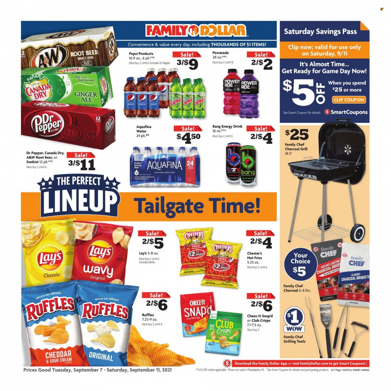 thumbnail - Family Dollar Flyer - 09/07/2021 - 09/11/2021 - Sales products - cheese, Lay’s, Cheez-It, Ruffles, sea salt, Canada Dry, ginger ale, Powerade, Pepsi, energy drink, Dr. Pepper, A&W, Aquafina, purified water, beer, grill, briquettes. Page 1.