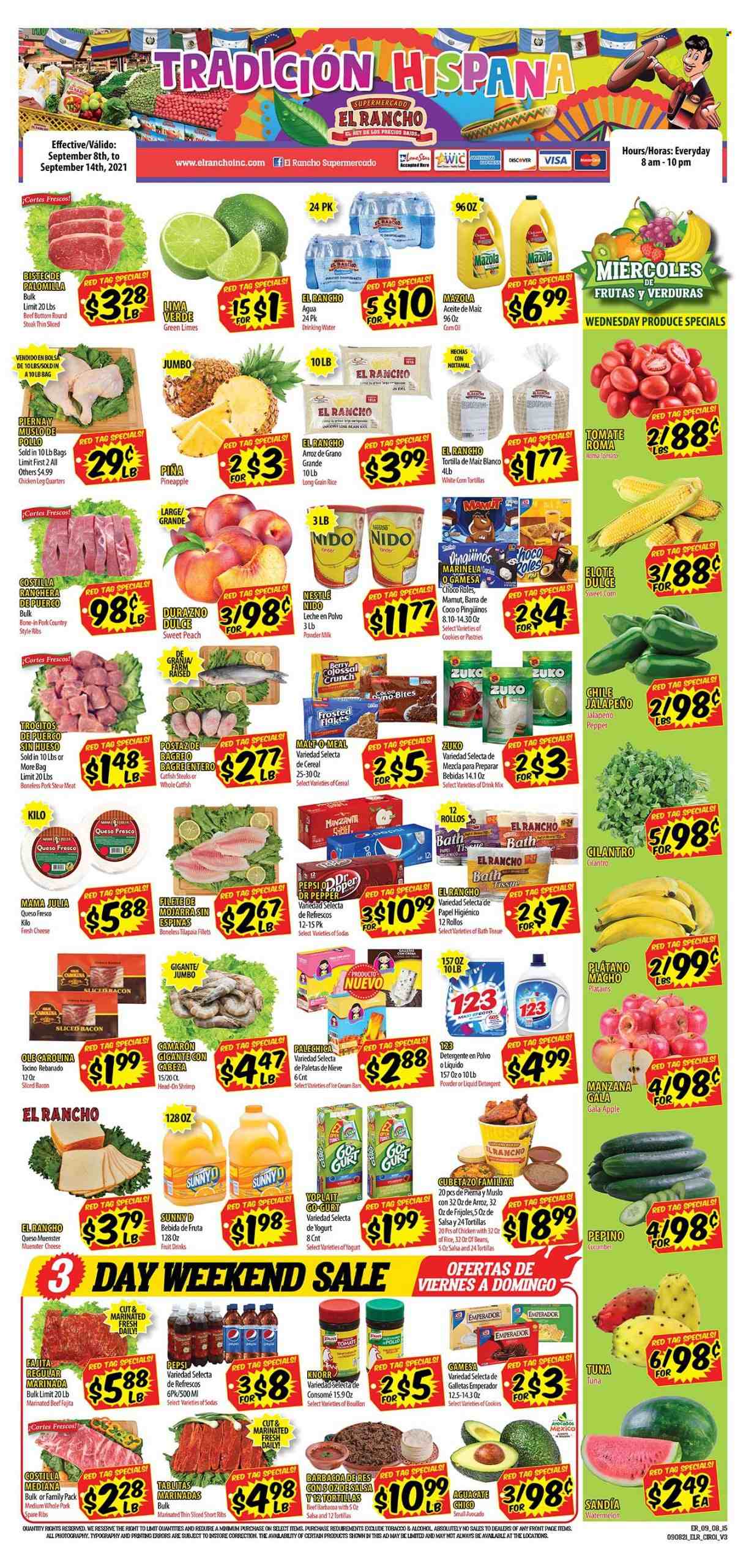 thumbnail - El Rancho Flyer - 09/08/2021 - 09/14/2021 - Sales products - stew meat, tortillas, tomatoes, jalapeño, avocado, Gala, limes, watermelon, pineapple, catfish, tuna, shrimps, Knorr, fajita, bacon, queso fresco, cheese, Münster cheese, yoghurt, Yoplait, milk, cookies, Nestlé, malt, cereals, long grain rice, cilantro, salsa, Pepsi, Dr. Pepper, alcohol, chicken legs, beef meat, steak, round steak, marinated beef, pork meat, pork ribs, pork spare ribs, country style ribs. Page 1.