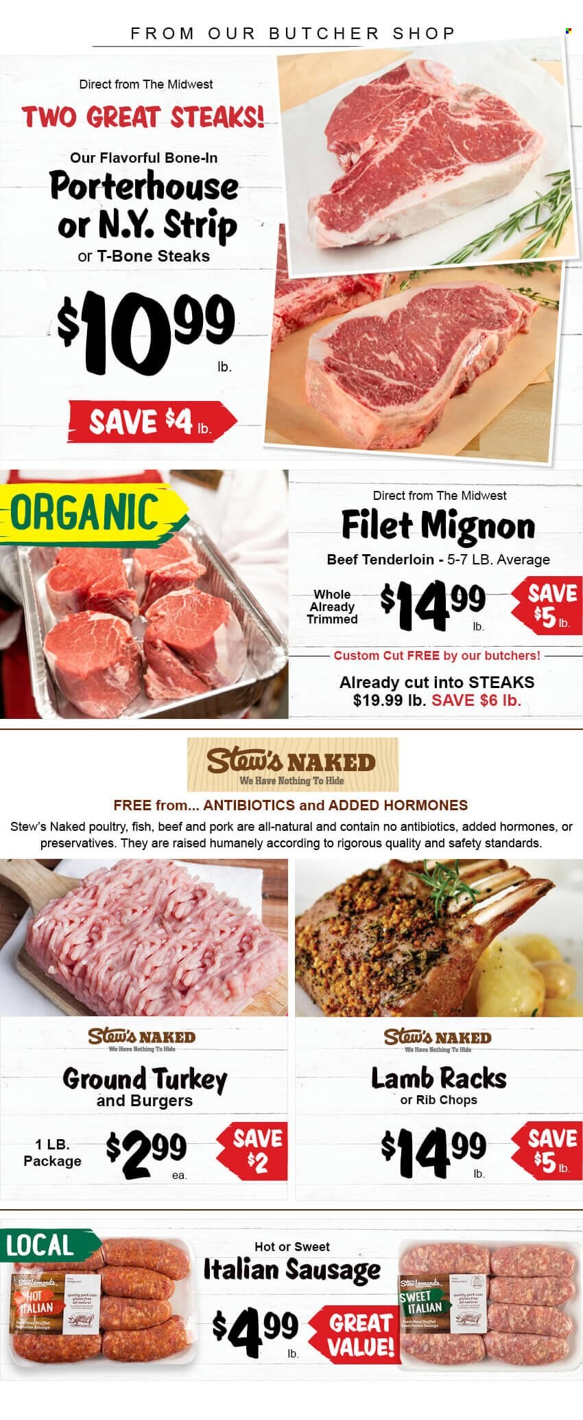 thumbnail - Stew Leonard's Flyer - 09/08/2021 - 09/14/2021 - Sales products - ground turkey, beef meat, t-bone steak, steak, beef tenderloin, hamburger, rib chops, fish, sausage, italian sausage. Page 1.