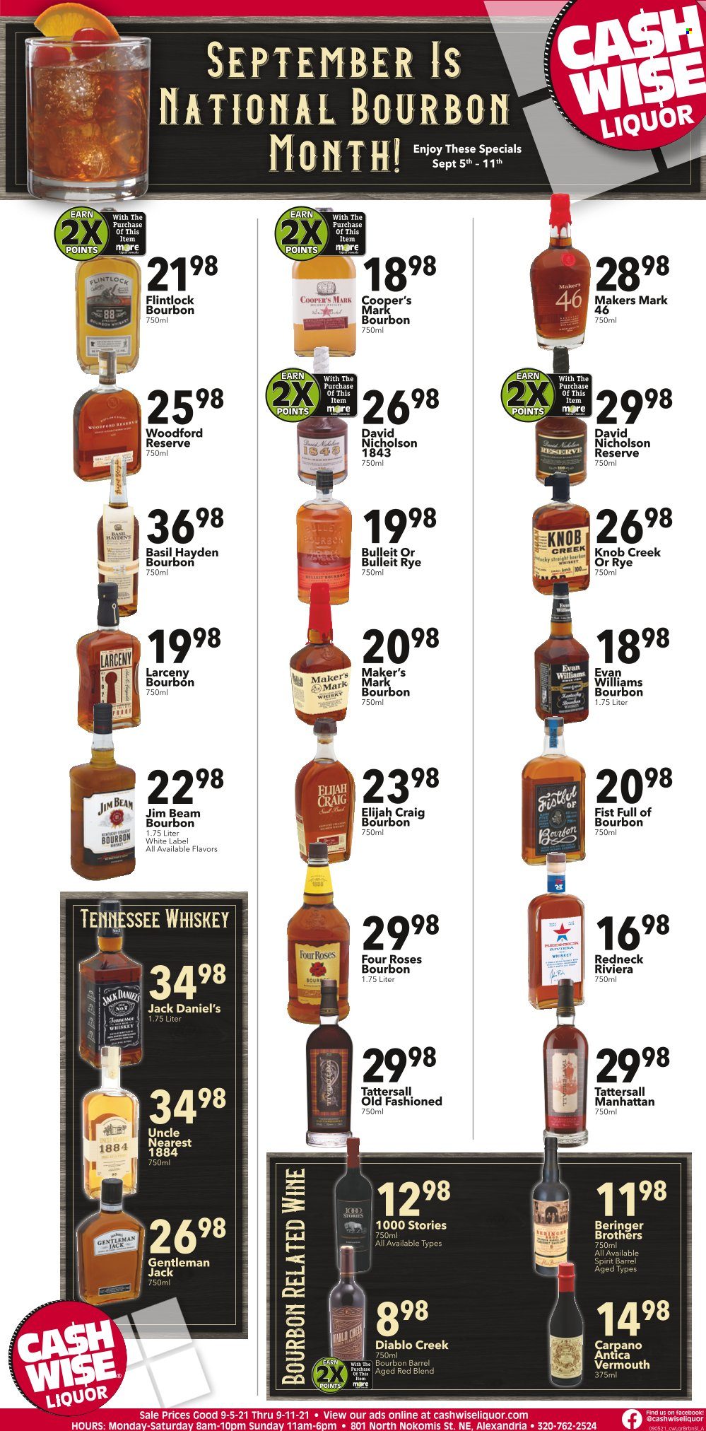 thumbnail - Cash Wise Liquor Only Flyer - 09/05/2021 - 09/11/2021 - Sales products - Jack Daniel's, esponja, wine, Tennessee Whiskey, Vermouth, whiskey, liquor, BROTHERS, Jim Beam, whisky. Page 1.