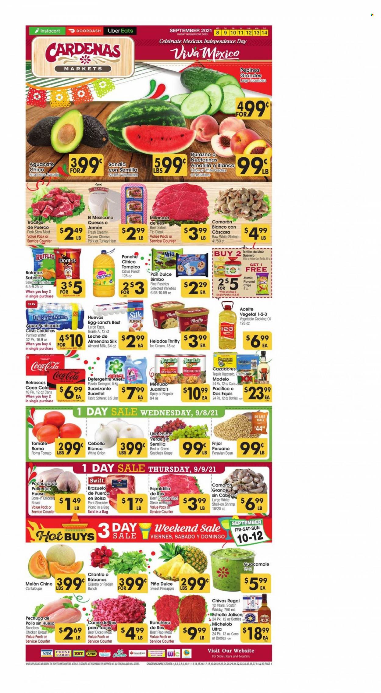 thumbnail - Cardenas Flyer - 09/08/2021 - 09/14/2021 - Sales products - stew meat, cantaloupe, cucumber, radishes, tomatoes, pineapple, shrimps, ham, guacamole, cheese, almond milk, large eggs, ice cream, Doritos, chips, Ruffles, cilantro, oil, Coca-Cola, fruit punch, purified water, tequila, Chivas Regal, scotch whisky, whisky, beer, Modelo, chicken breasts, beef meat, beef sirloin, steak, pork meat, pork shoulder, detergent, fabric softener, Ariel, pan, nectarines, melons, Dos Equis, Michelob, peaches. Page 1.