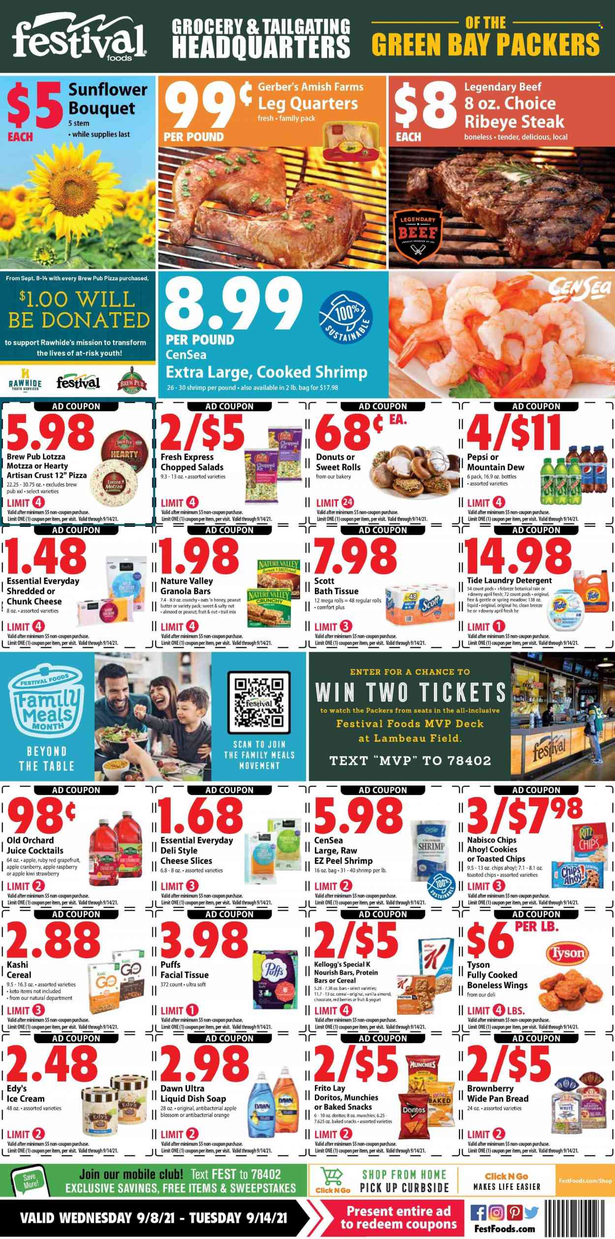 thumbnail - Festival Foods Flyer - 09/08/2021 - 09/14/2021 - Sales products - bread, puffs, donut, sweet rolls, chopped salad, kiwi, oranges, shrimps, pizza, sliced cheese, chunk cheese, yoghurt, butter, Blossom, ice cream, cookies, snack, Kellogg's, Chips Ahoy!, RITZ, Doritos, chips, granola bar, Nature Valley, trail mix, Mountain Dew, Pepsi, juice, beef meat, beef steak, steak, ribeye steak, bath tissue, Scott, detergent, Febreze, Tide, laundry detergent, soap. Page 1.