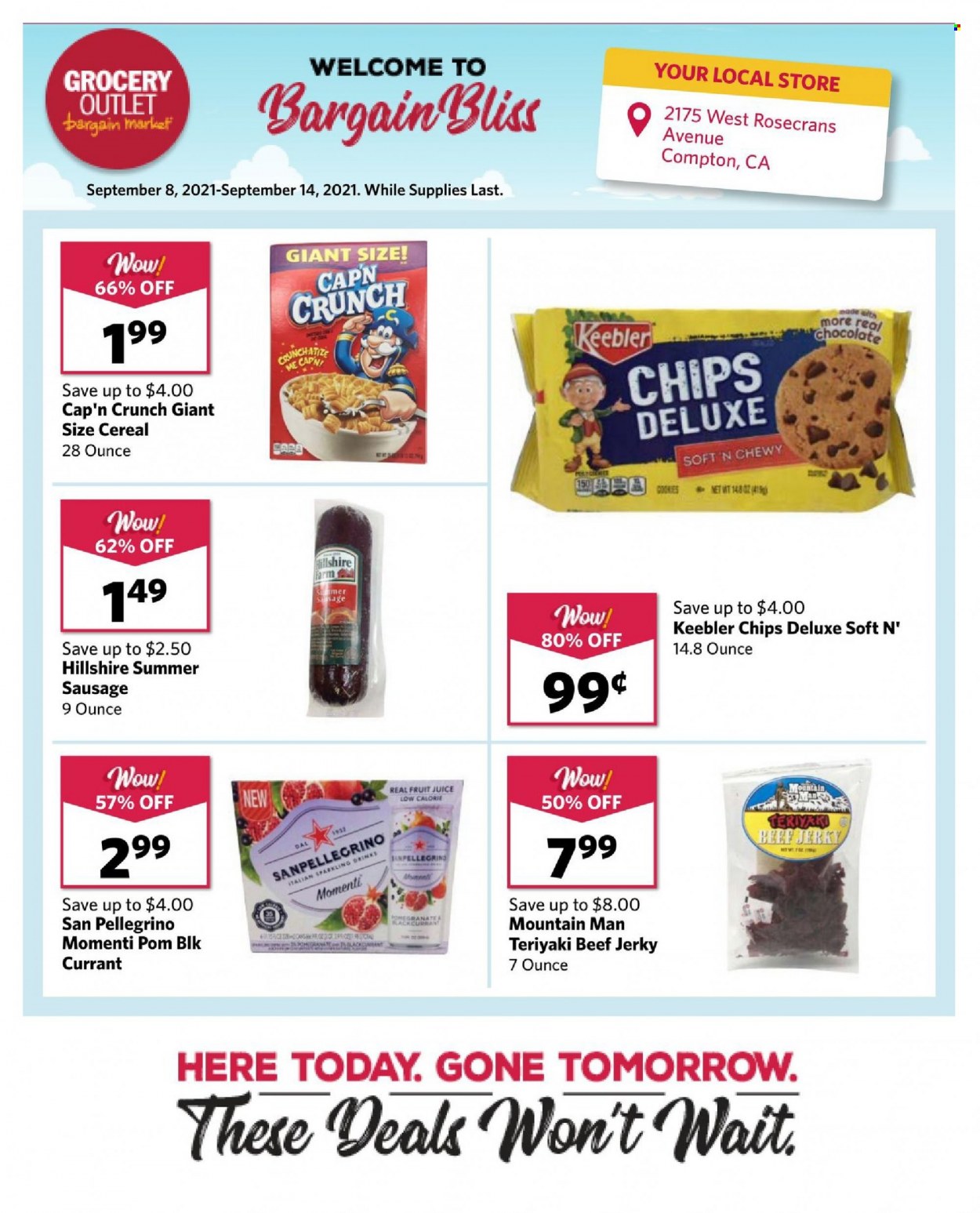 thumbnail - Grocery Outlet Flyer - 09/08/2021 - 09/14/2021 - Sales products - beef jerky, jerky, sausage, chocolate, Keebler, chips, cereals, Cap'n Crunch, juice, fruit juice, San Pellegrino. Page 1.