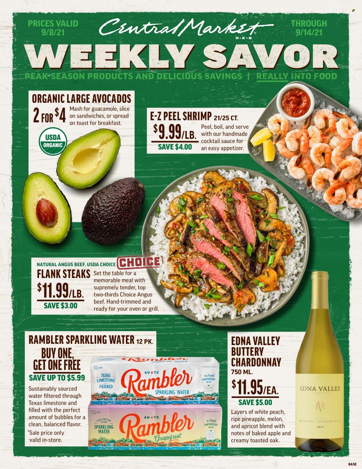 thumbnail - Central Market Flyer - 09/08/2021 - 09/14/2021 - Sales products - pineapple, shrimps, guacamole, cocktail sauce, sparkling water, white wine, Chardonnay, beef meat, steak, melons. Page 1.