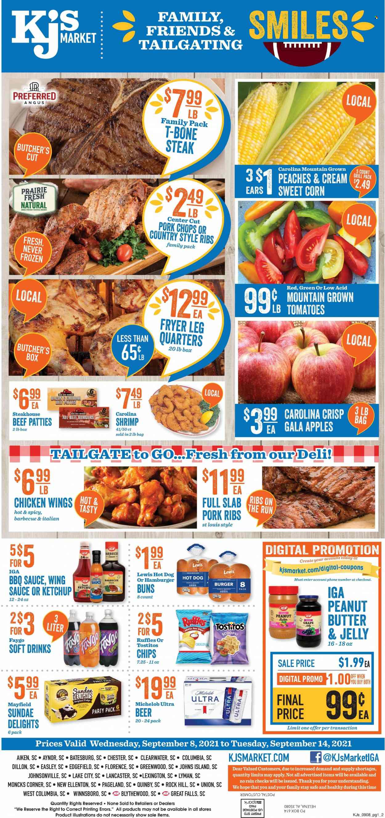 thumbnail - KJ´s Market Flyer - 09/08/2021 - 09/14/2021 - Sales products - buns, burger buns, corn, apples, Gala, shrimps, hot dog, beef burger, bacon, Johnsonville, cheese, chicken wings, fudge, jelly, Ruffles, Tostitos, BBQ sauce, ketchup, wing sauce, peanut butter, soft drink, beer, beef meat, t-bone steak, steak, pork chops, pork meat, pork ribs, country style ribs, Bakers, grill, Michelob, peaches. Page 1.