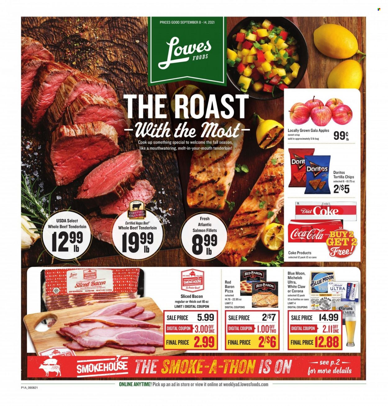 thumbnail - Lowes Foods Flyer - 09/08/2021 - 09/14/2021 - Sales products - apples, Gala, salmon, salmon fillet, pizza, bacon, Red Baron, Doritos, tortilla chips, chips, Coca-Cola, Diet Coke, White Claw, beer, Corona Extra, beef meat, beef tenderloin, Blue Moon, Michelob. Page 1.
