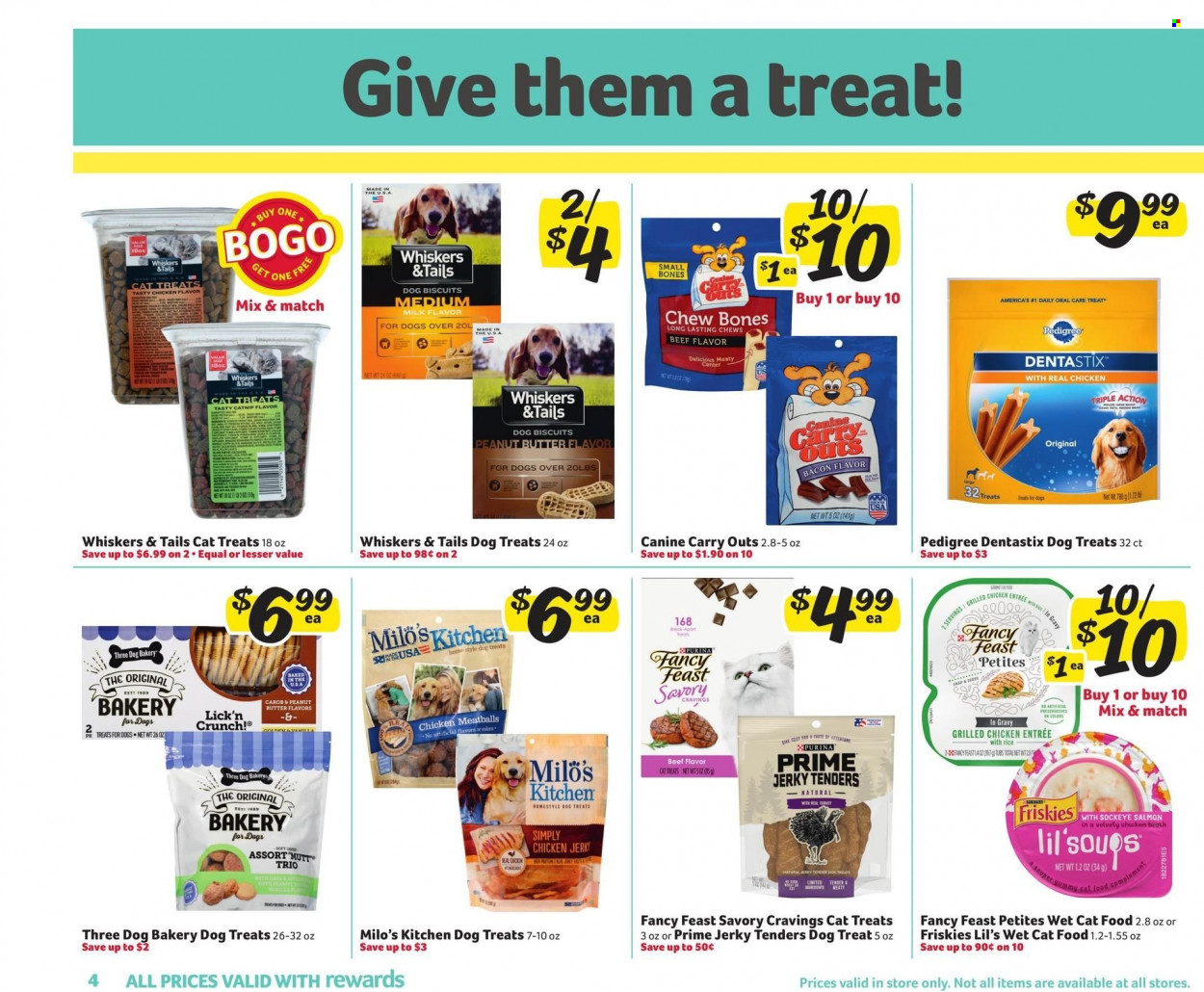 thumbnail - Winn Dixie Flyer - 09/08/2021 - 09/21/2021 - Sales products - meatballs, bacon, jerky, milk, chewing gum, chicken broth, broth, peanut butter, animal food, animal treats, cat food, dog food, Purina, dog biscuits, Dentastix, Pedigree, Fancy Feast, Friskies, wet cat food. Page 4.