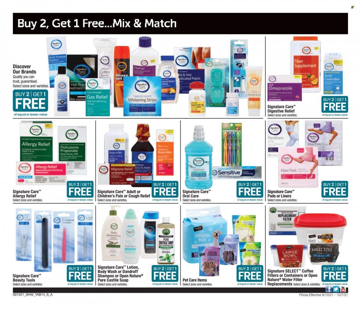 thumbnail - Shaw’s Flyer - 09/10/2021 - 10/07/2021 - Sales products - strips, Digestive, chips, coffee, body wash, shampoo, soap, mouthwash, pantiliners, sanitary pads, body lotion, shave gel, basket, brush, cup, Ibuprofen, Antacid, aspirin, nasal spray, allergy relief. Page 14.