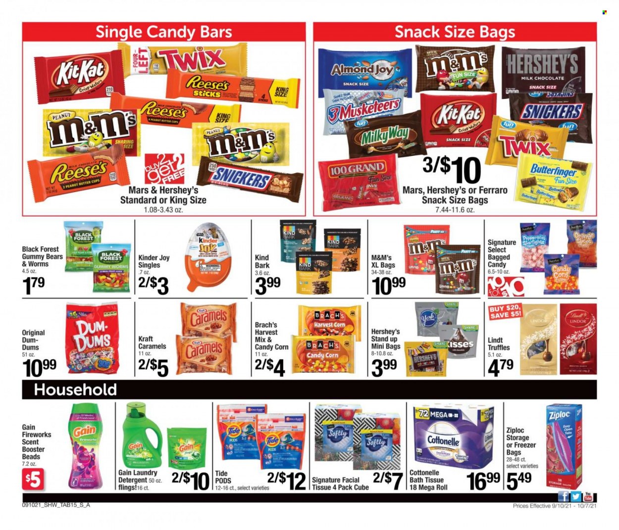 thumbnail - Shaw’s Flyer - 09/10/2021 - 10/07/2021 - Sales products - corn, Kraft®, Reese's, Hershey's, milk chocolate, wafers, chocolate, snack, Lindt, Lindor, Kinder Joy, Snickers, Twix, Mars, truffles, M&M's, peanut butter cups, bath tissue, Cottonelle, detergent, Gain, Tide, laundry detergent, Gain Fireworks, Ziploc, freezer bag. Page 15.