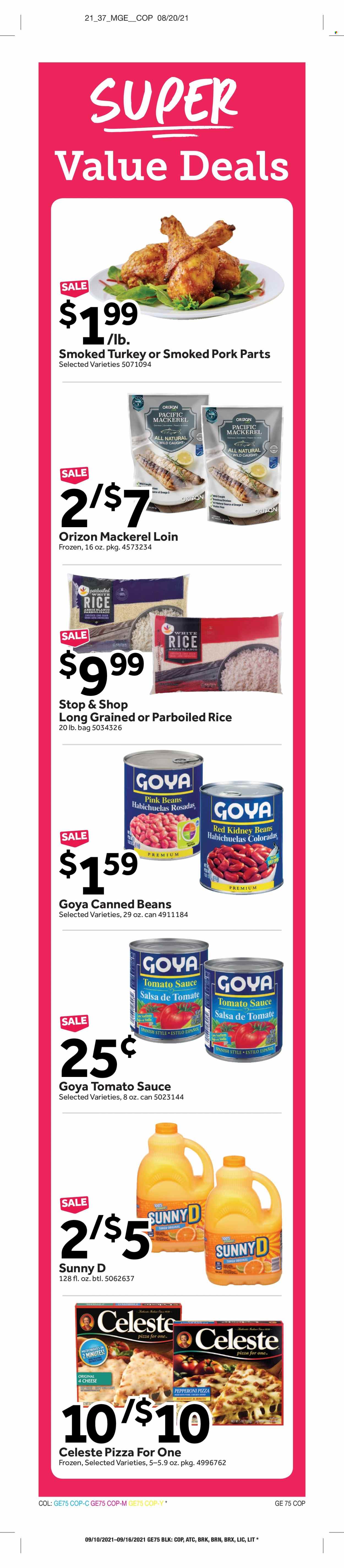 thumbnail - Stop & Shop Flyer - 09/10/2021 - 09/16/2021 - Sales products - beans, mackerel, pizza, sauce, pepperoni, Celeste, tomato sauce, kidney beans, Goya, rice, white rice, parboiled rice, salsa, Omega-3. Page 14.