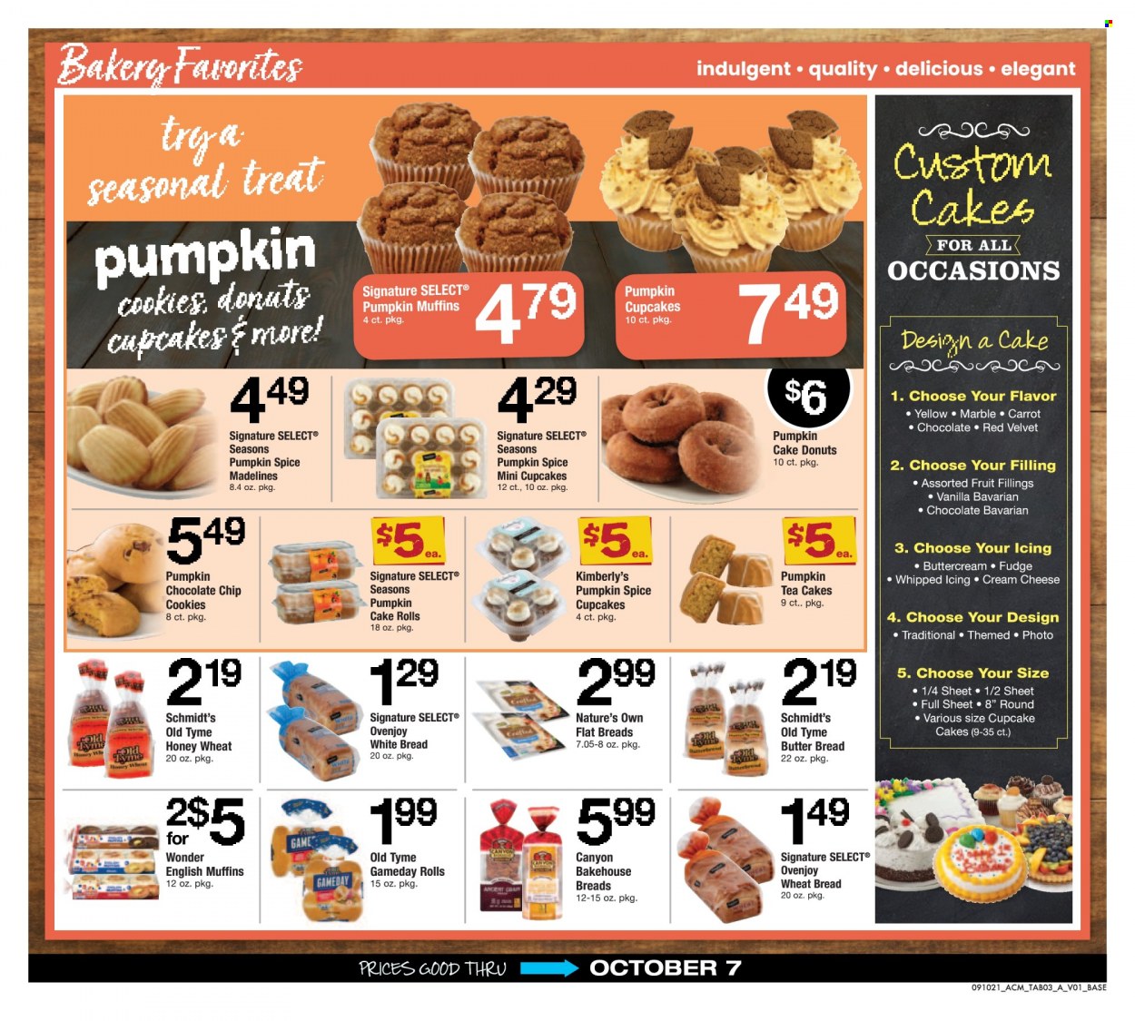 thumbnail - ACME Flyer - 09/10/2021 - 10/07/2021 - Sales products - english muffins, wheat bread, white bread, cupcake, donut, cream cheese, cheese, cookies, fudge, spice, tea, Nature's Own. Page 3.