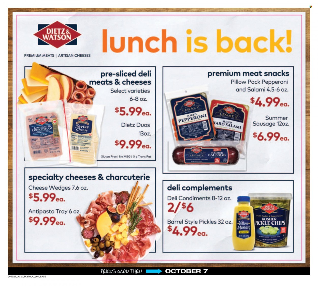 thumbnail - ACME Flyer - 09/10/2021 - 10/07/2021 - Sales products - cooked ham, salami, ham, sausage, summer sausage, pepperoni, swiss cheese, cheese, snack, chips, pickles, mustard, tray, pillow. Page 10.