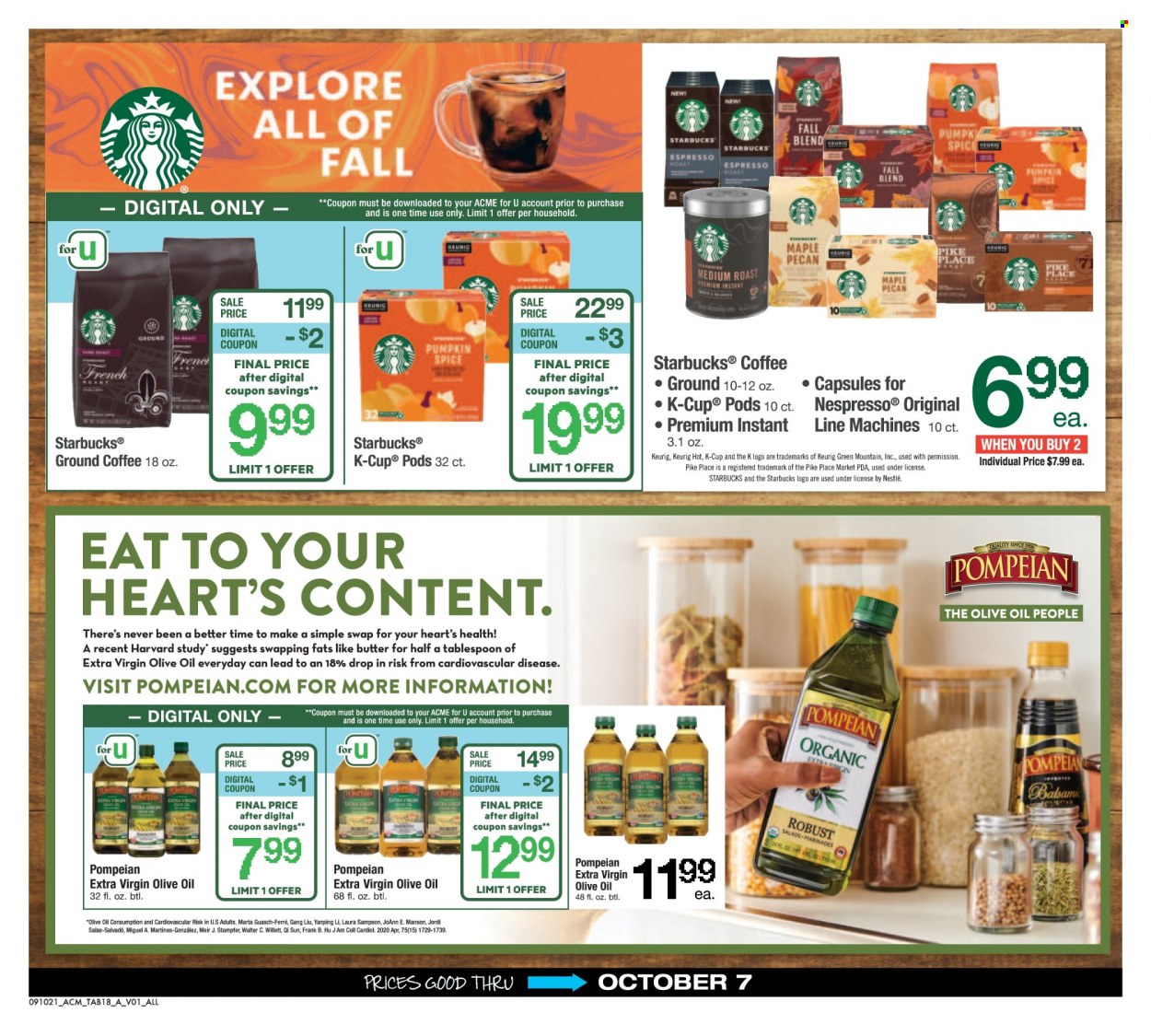 thumbnail - ACME Flyer - 09/10/2021 - 10/07/2021 - Sales products - butter, Nestlé, spice, extra virgin olive oil, olive oil, oil, fruit jam, coffee, Starbucks, Nespresso, ground coffee, coffee capsules, K-Cups, Keurig, Green Mountain. Page 18.