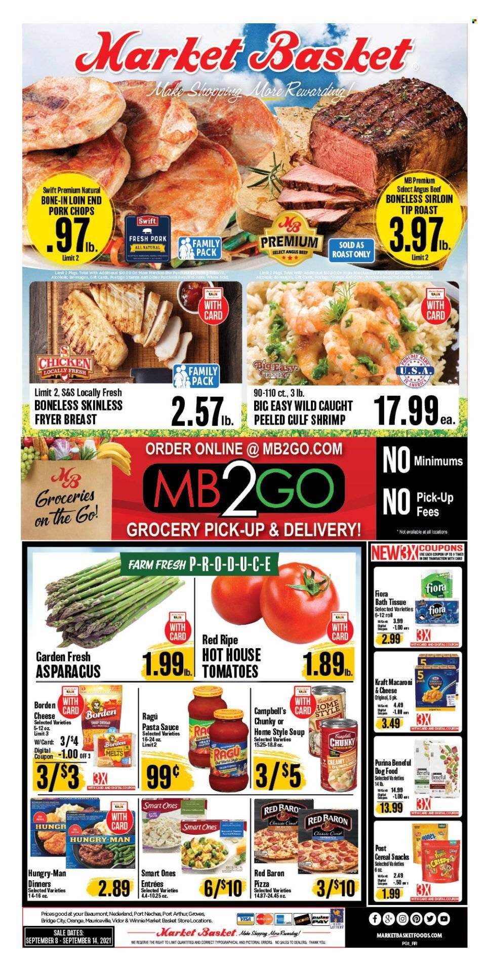 thumbnail - Market Basket Flyer - 09/08/2021 - 09/14/2021 - Sales products - shrimps, Campbell's, pizza, pasta sauce, soup, sauce, Kraft®, Red Baron, snack, cereals, ragu, beef meat, pork chops, pork meat, animal food, dog food, Purina. Page 1.