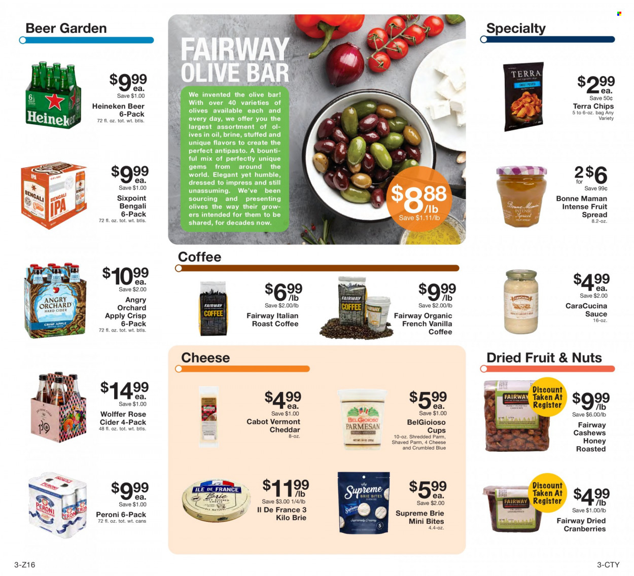 thumbnail - Fairway Market Flyer - 09/10/2021 - 09/16/2021 - Sales products - sauce, cheese, brie, chips, cranberries, olives, honey, cashews, dried fruit, coffee, rosé wine, cider, beer, Heineken, Peroni. Page 3.