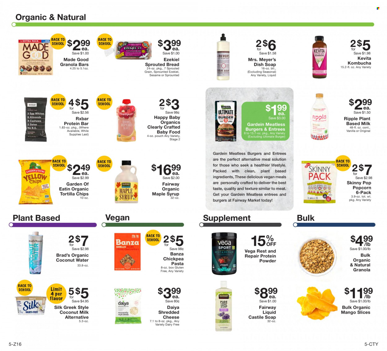 thumbnail - Fairway Market Flyer - 09/10/2021 - 09/16/2021 - Sales products - hamburger, pasta, shredded cheese, Silk, tortilla chips, chips, popcorn, Skinny Pop, coconut milk, protein bar, granola bar, maple syrup, syrup, coconut water, kombucha, KeVita. Page 5.